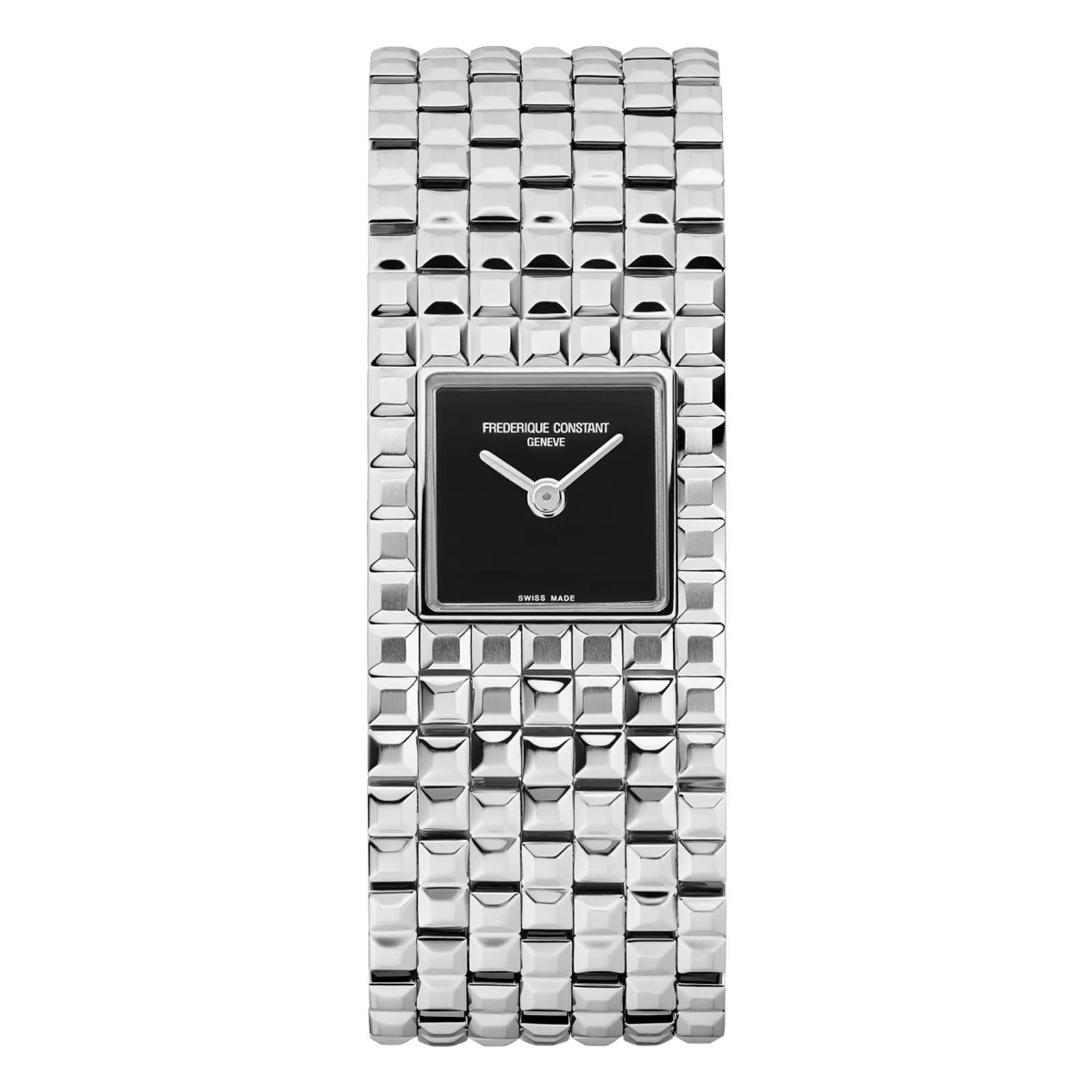Delicate square silver watch featuring a minimalist black dial and an extra-wide, five-link polished stainless steel bracelet.