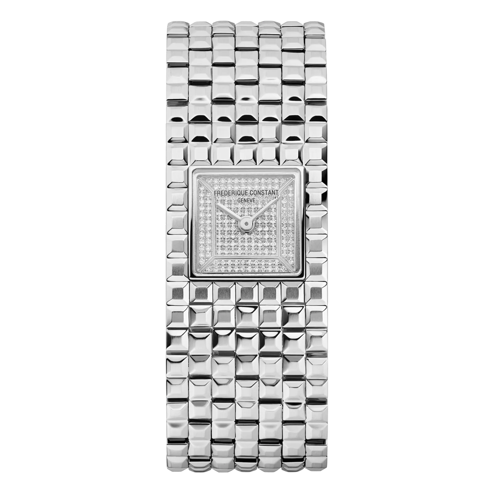 Luxury silver-toned women's watch with a square diamond-encrusted dial and a high-shine polished link bracelet.
