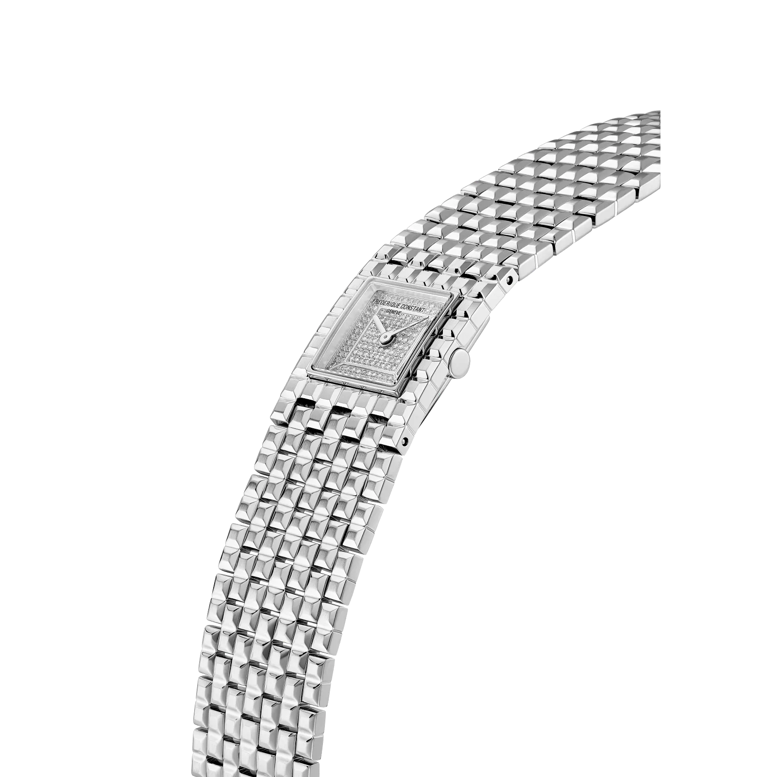 Side profile of a slim luxury silver watch highlighting the curved bracelet design and polished metallic finish.