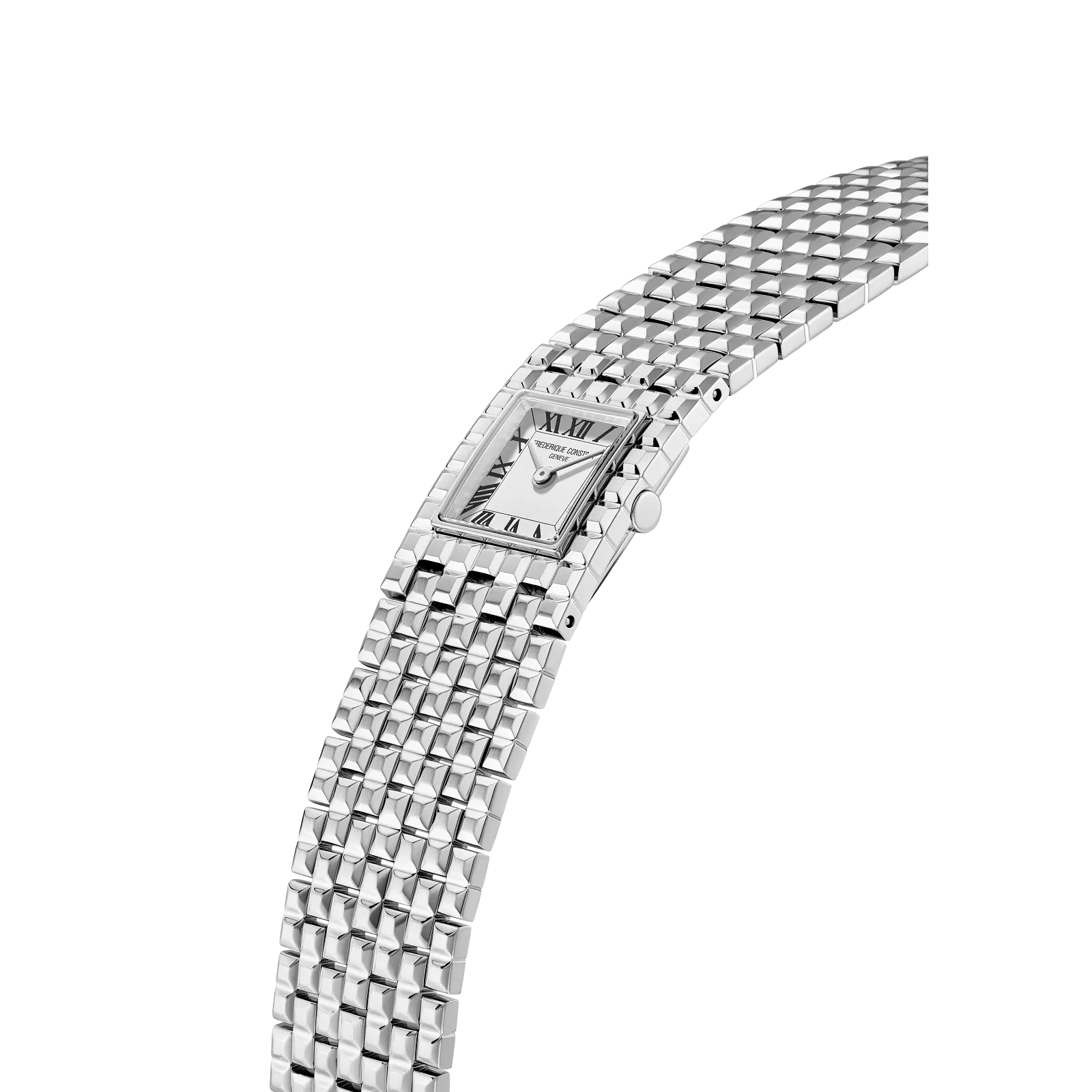 Profile shot showcasing the slim square case and the textured, jewelry-style multi-link bracelet.