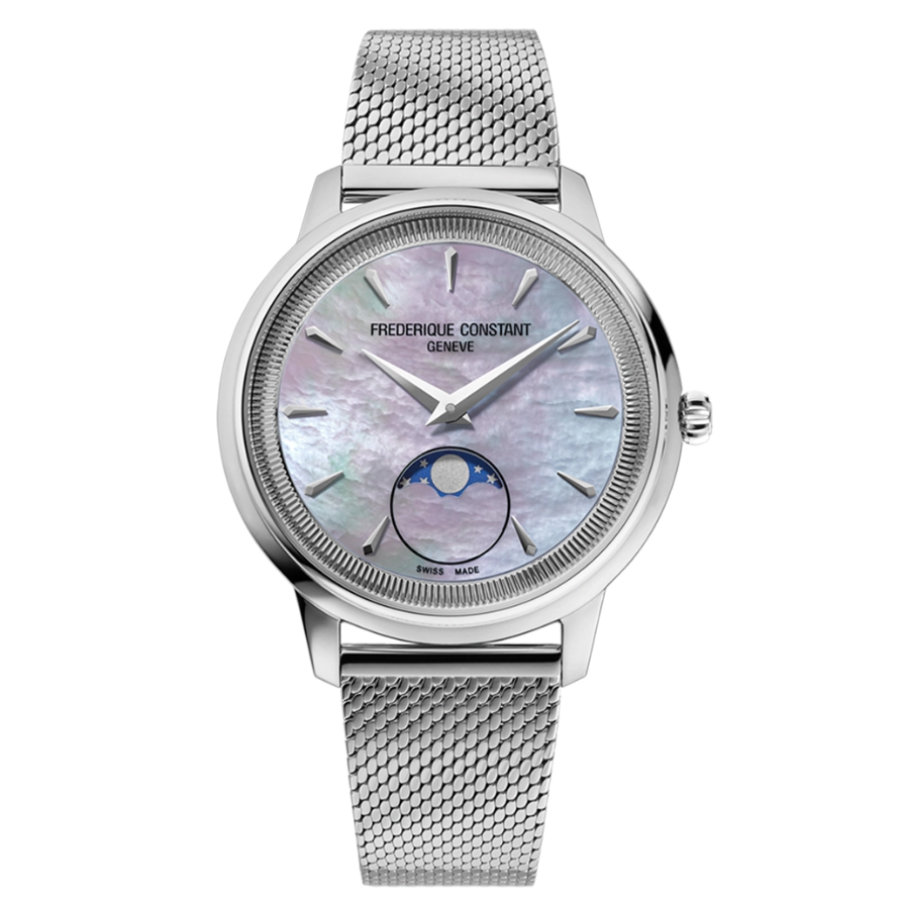 Frederique Constant Classics Moneta Moonphase Blue Mother of Pearl 34mm FC206MPLB2S6B front view
