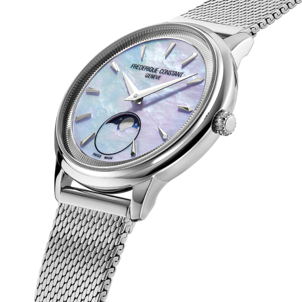 Frederique Constant Classics Moneta Moonphase Blue Mother of Pearl 34mm FC206MPLB2S6B dial side view