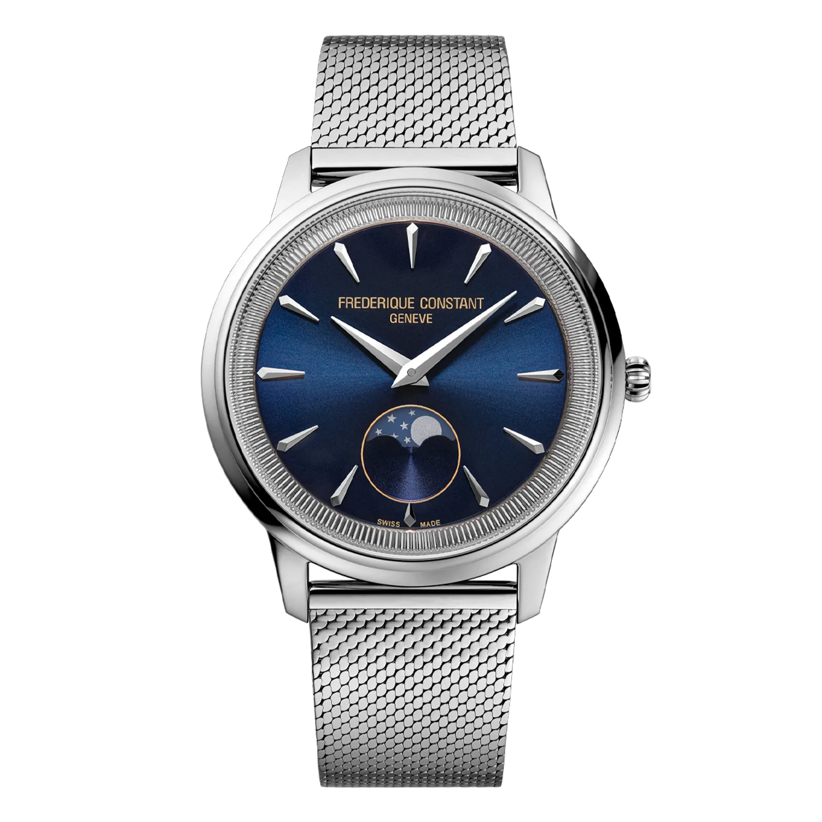 Silver watch with a sunray blue dial, moonphase complication, and a stainless steel mesh bracelet.