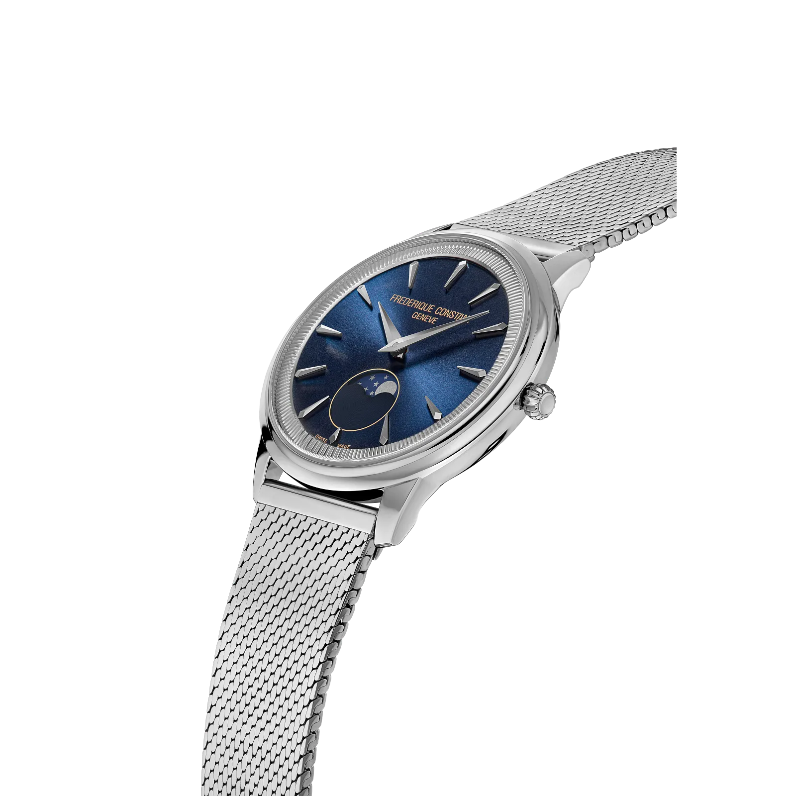 Angled profile showing the slim polished silver case and mesh strap.