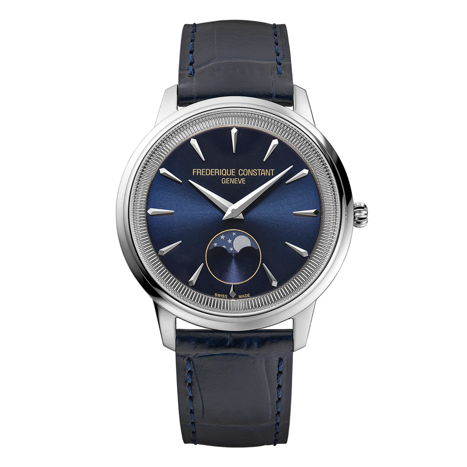 Front view of Frederique Constant watch with a sunray blue dial, moonphase display, and navy leather strap.