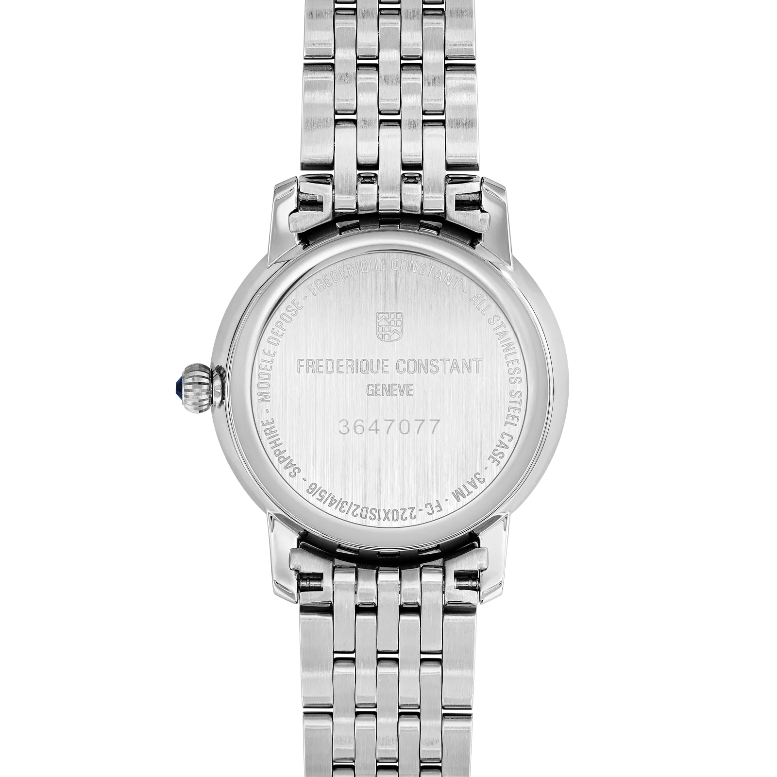 Exhibition caseback revealing the automatic movement and the tan leather lining of the blue strap.