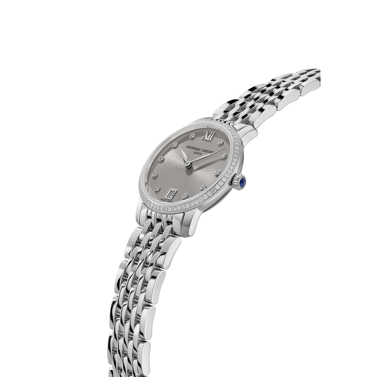 Profile shot showcasing the polished silver case, moonphase complication, and textured navy leather strap.