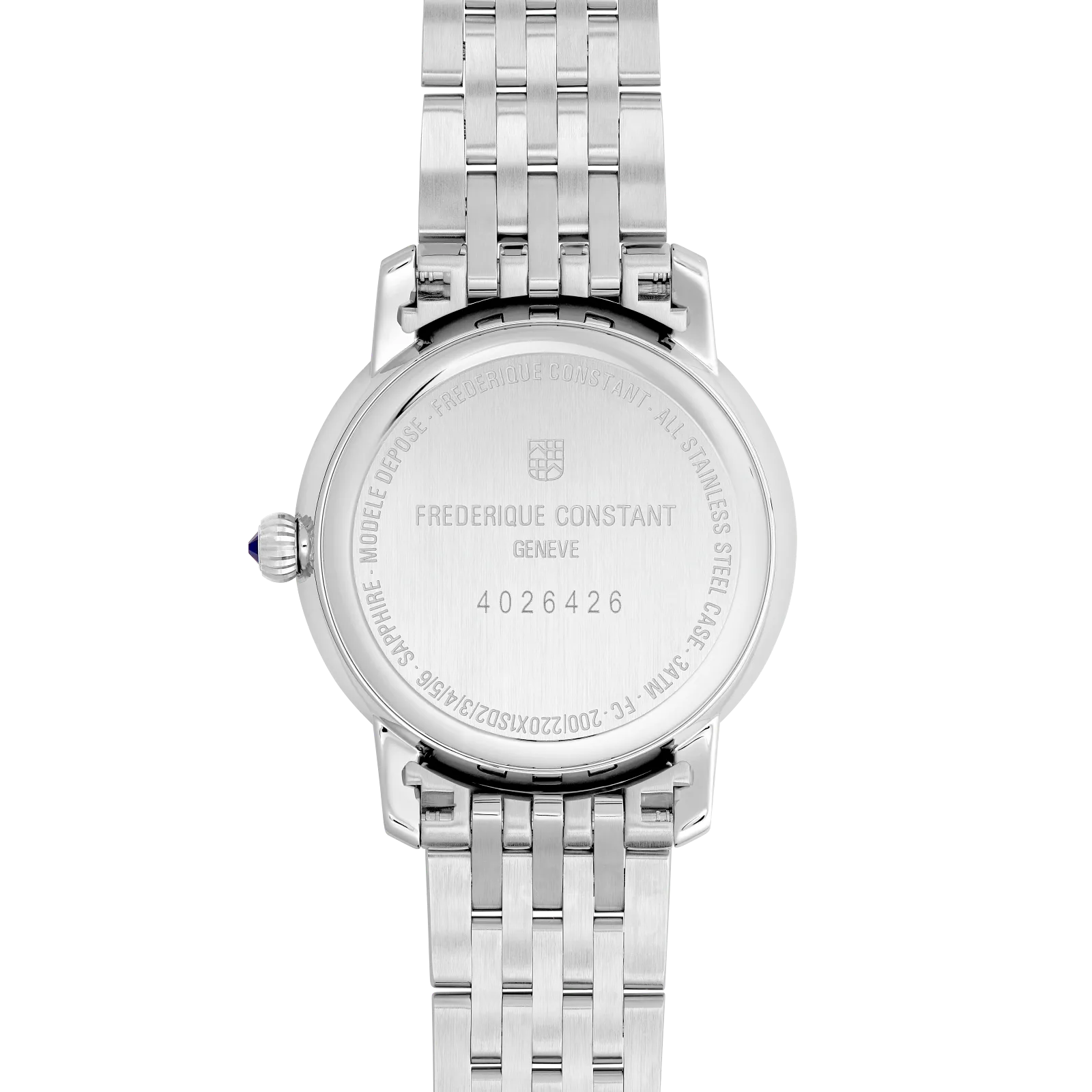 Close-up of the stainless steel caseback and the seamless multi-link metal strap.