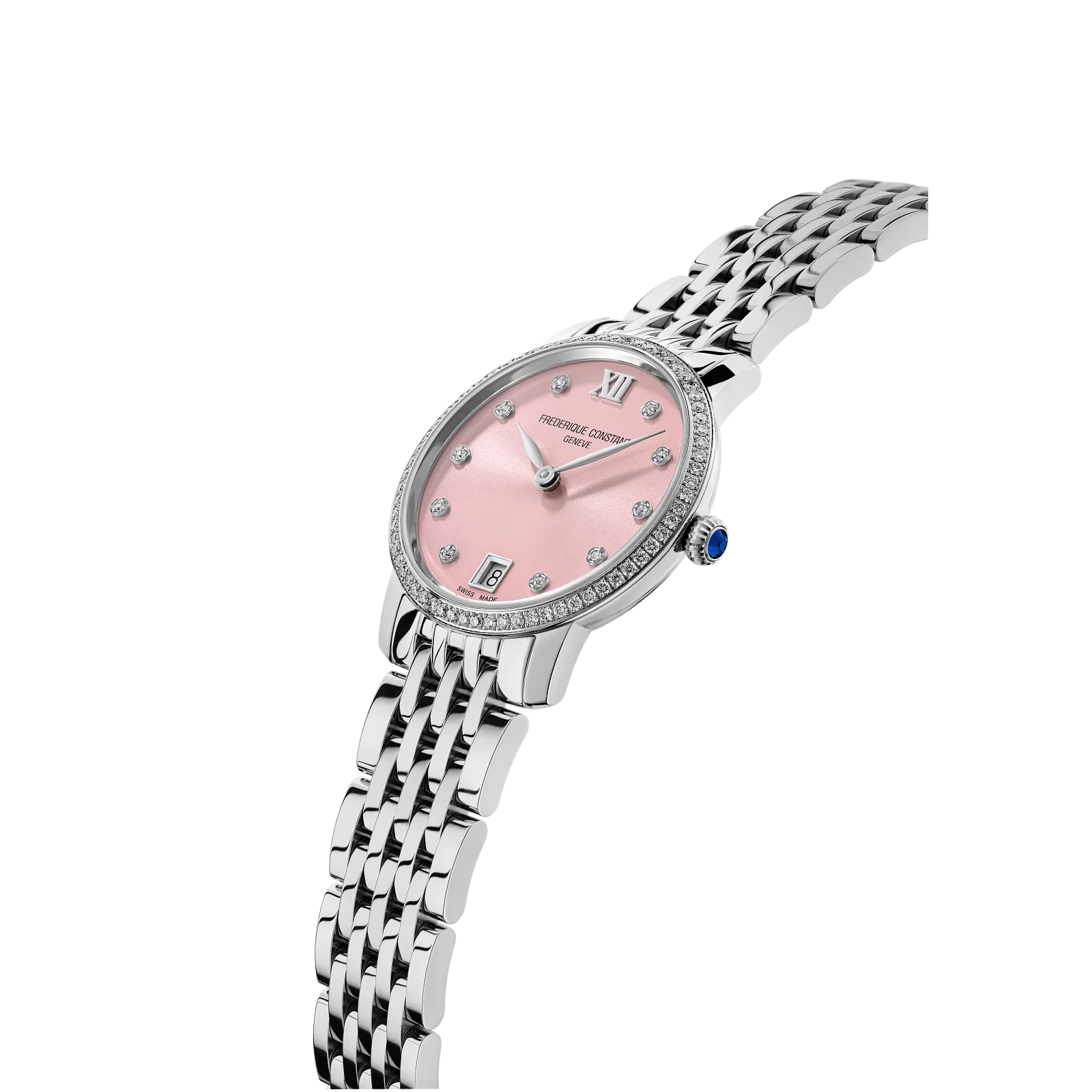 Profile shot highlighting the pink dial, diamond hour markers, and the flexible silver bracelet.