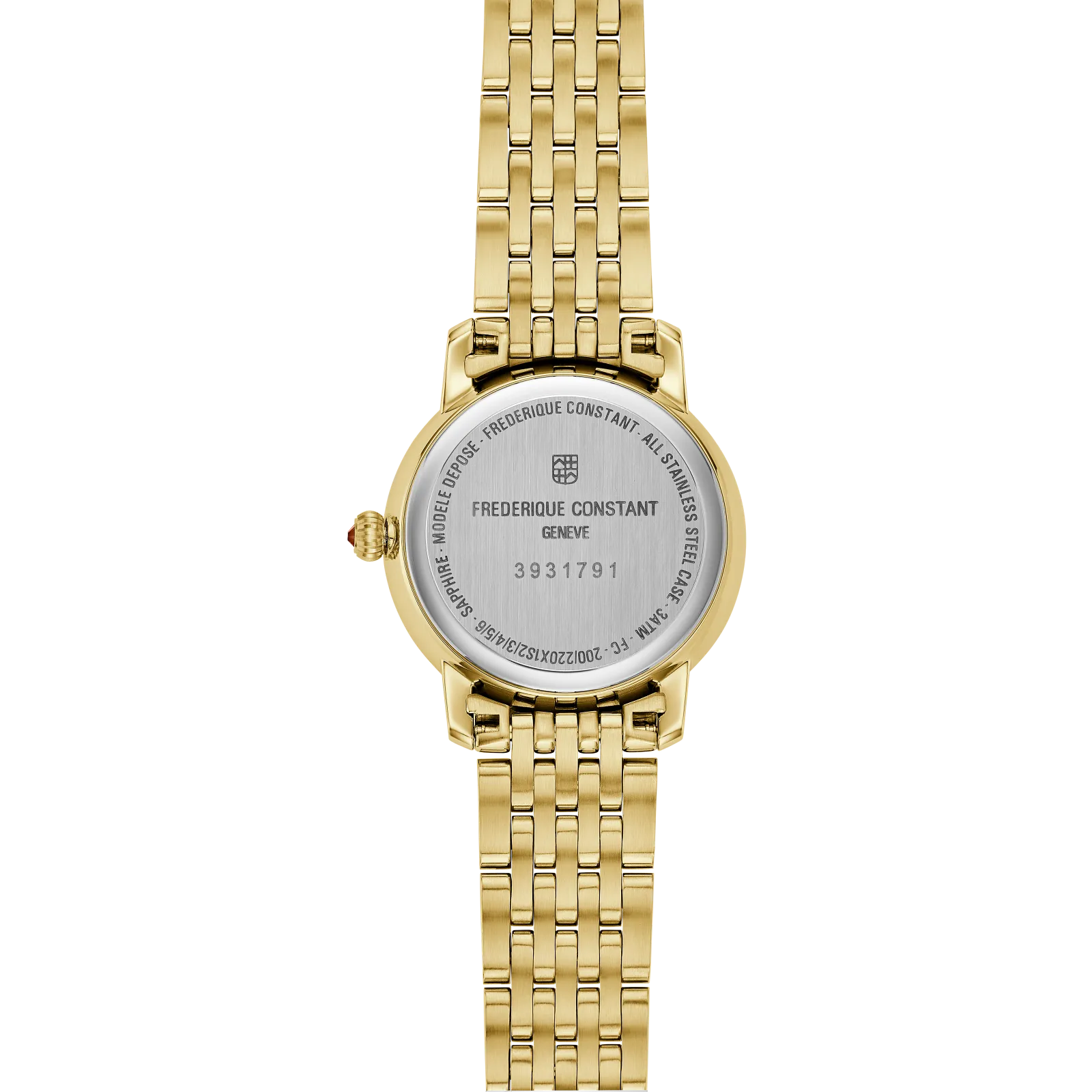 Close-up of the stainless steel caseback and the intricate rose gold and silver link strap.
