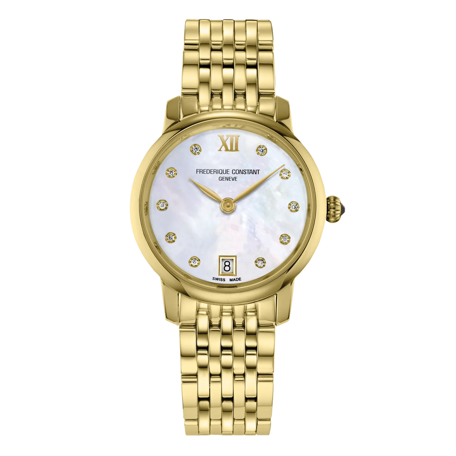 Round two-tone rose gold and silver watch with a white Roman numeral dial and a polished multi-link bracelet.