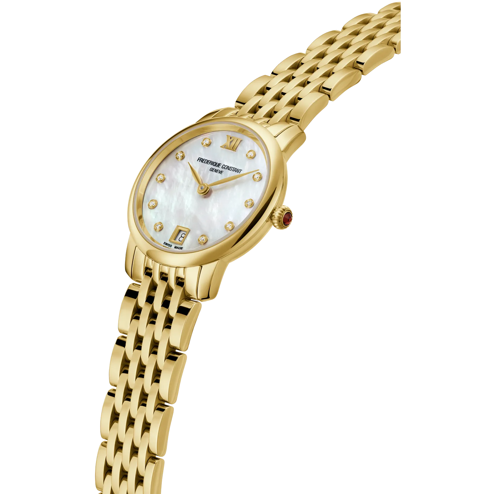 Side profile highlighting the rose gold bezel, slim silver case, and flexible two-tone bracelet.