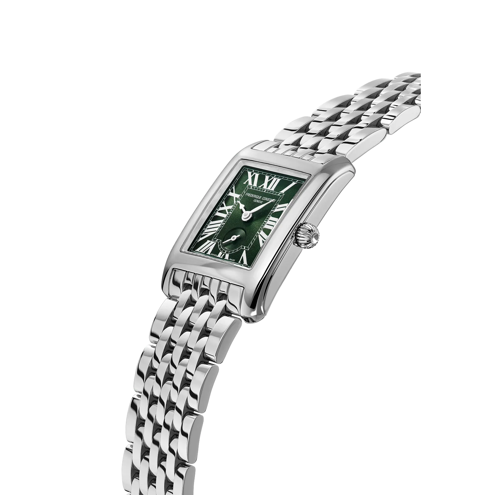 Side profile highlighting the emerald green watch face and the sleek, flexible silver link strap.