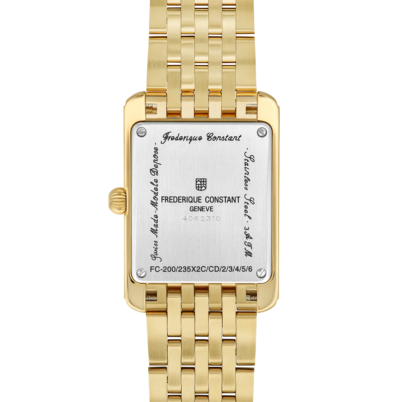 Detailed view of the gold-toned caseback and the polished multi-link gold metal bracelet.