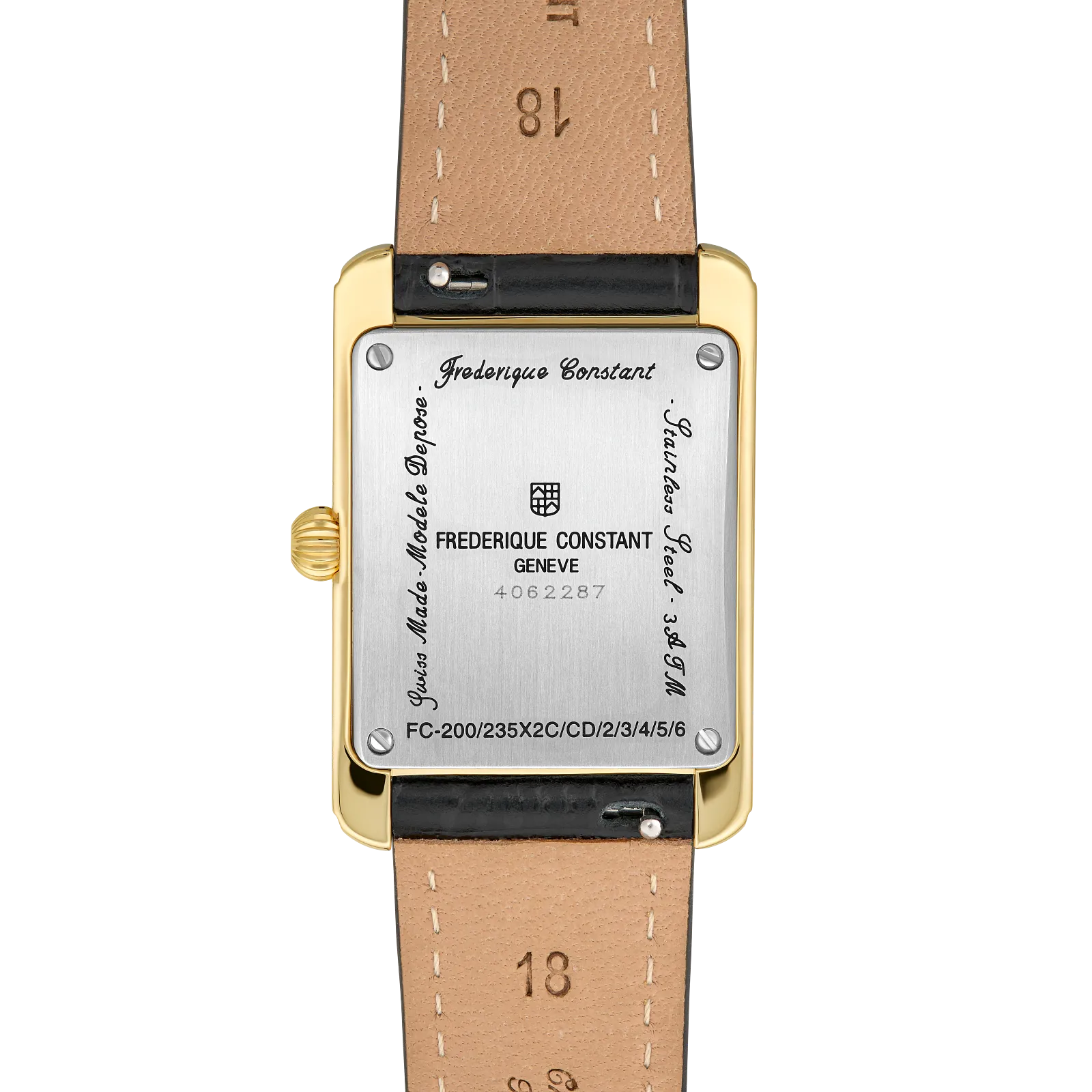 View of the solid gold-toned case back with brand engraving.