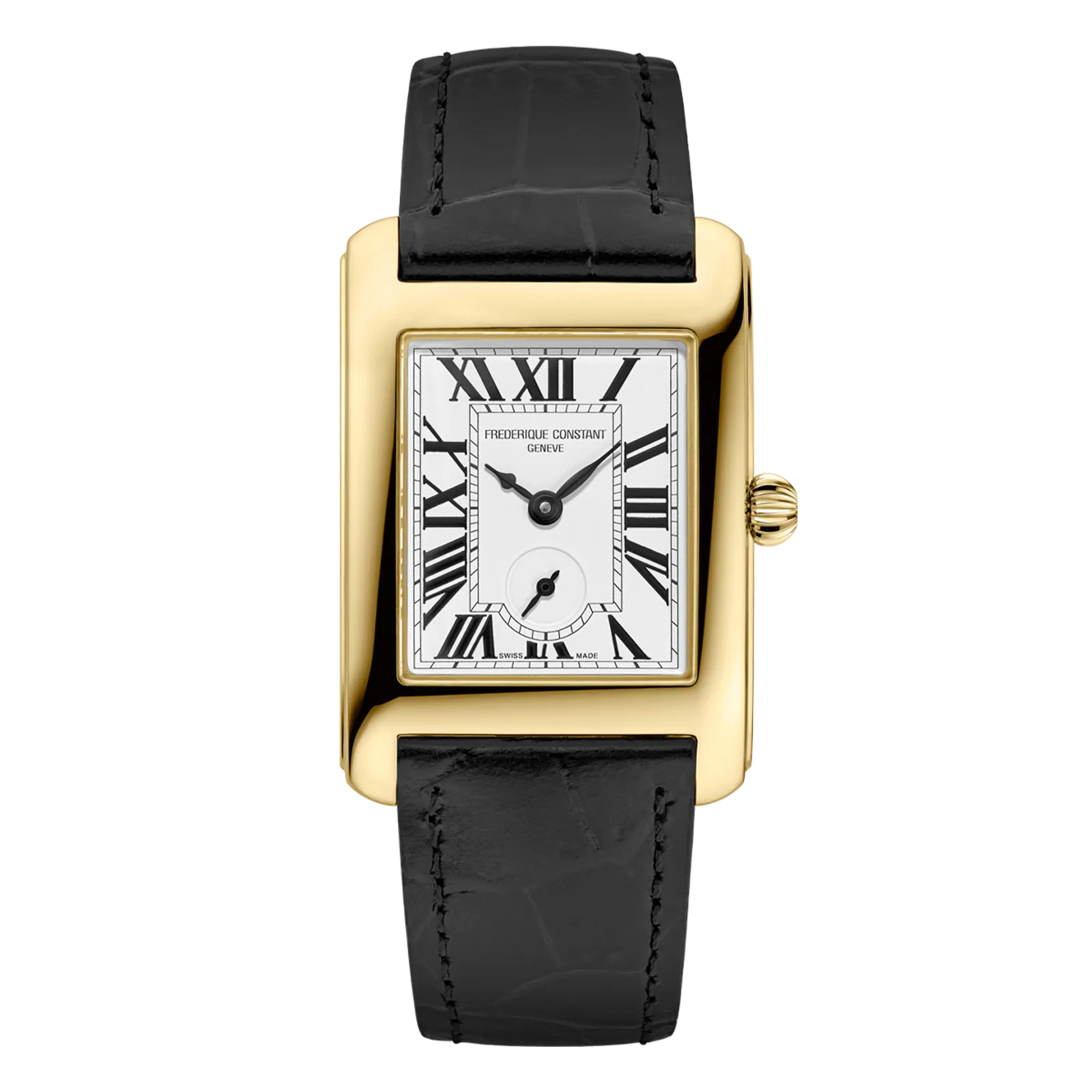 Front view of a rectangular Frederique Constant watch with a gold case, white Roman numeral dial, and black strap.