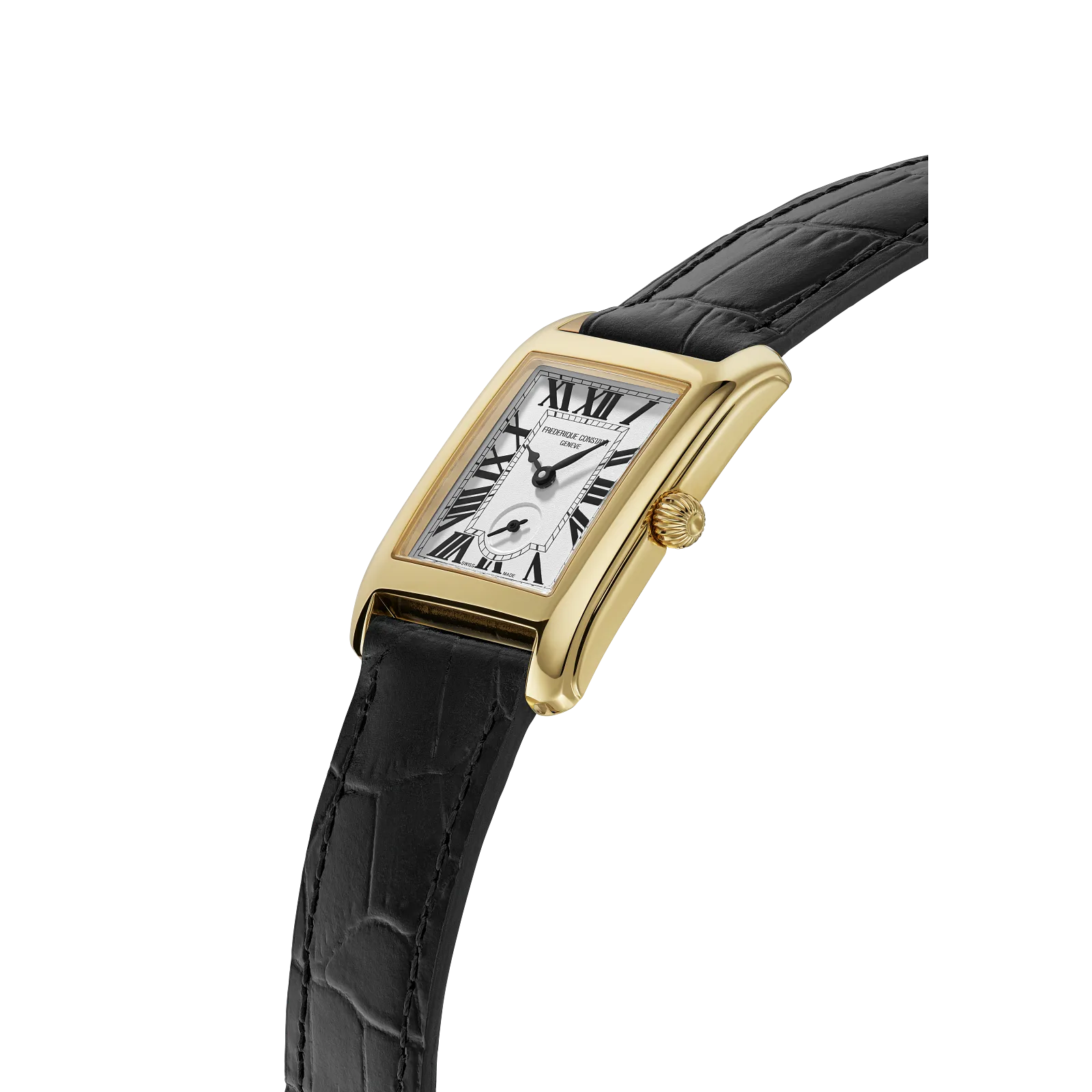 Angled side profile highlighting the slim gold-toned case and black leather strap.