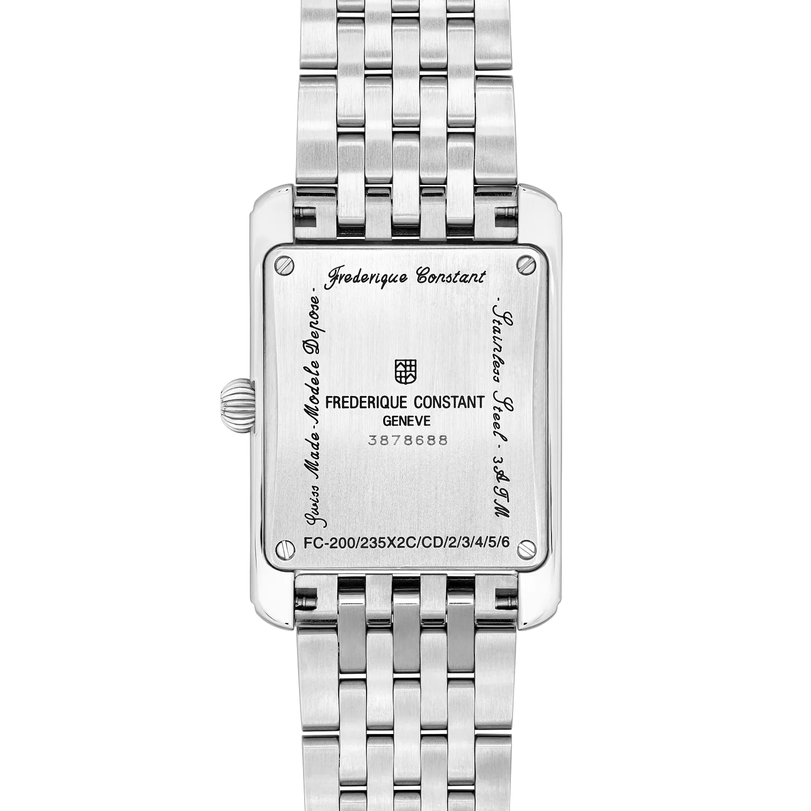 Detailed view of the brushed stainless steel caseback and the polished multi-link metal bracelet.