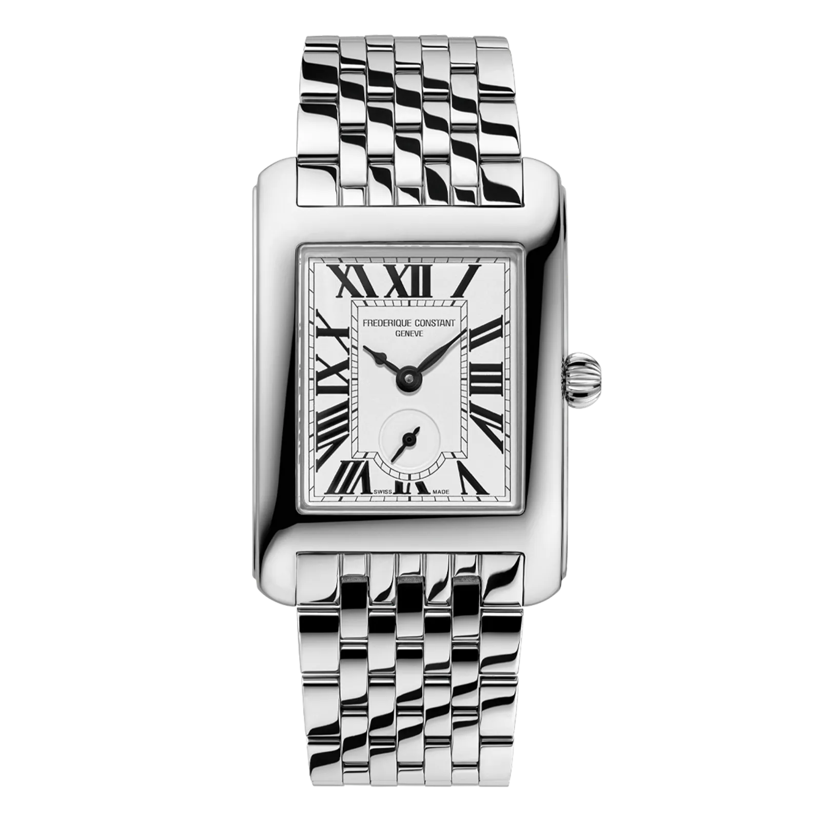 Rectangular silver watch with a white Roman numeral dial and a polished stainless steel multi-link bracelet.