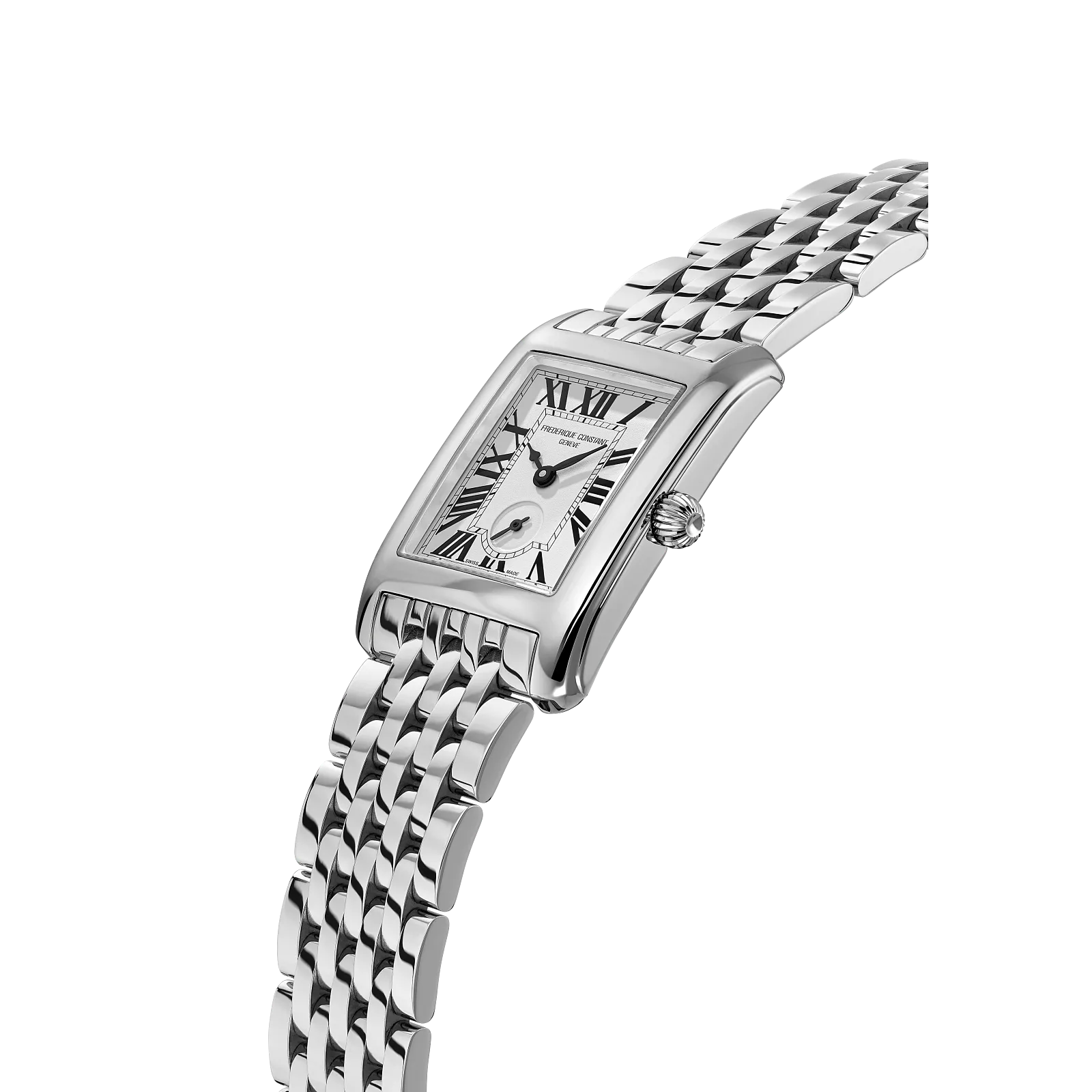 Side profile highlighting the slim rectangular case, crown detail, and the flexible silver link strap.