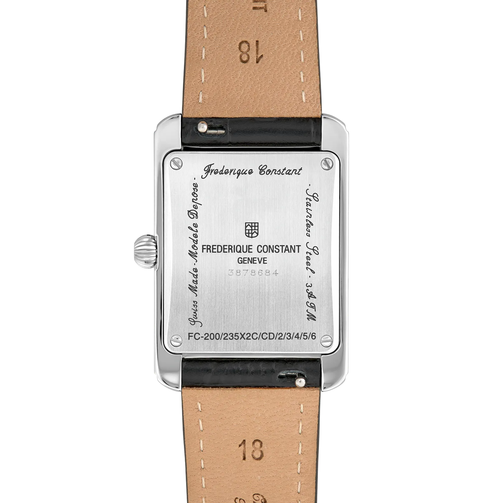 Detailed view of the engraved stainless steel caseback and tan leather lining of the watch strap.