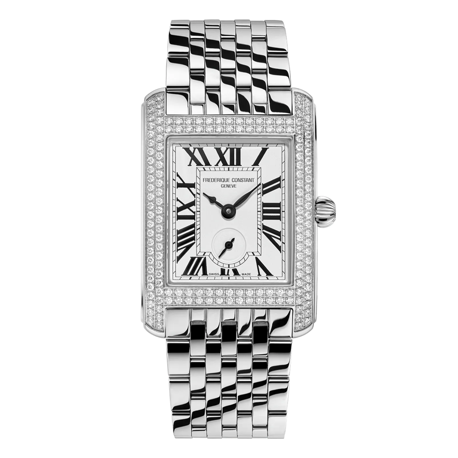 Rectangular silver watch with a diamond-encrusted bezel, white Roman numeral dial, and a polished multi-link stainless steel bracelet.