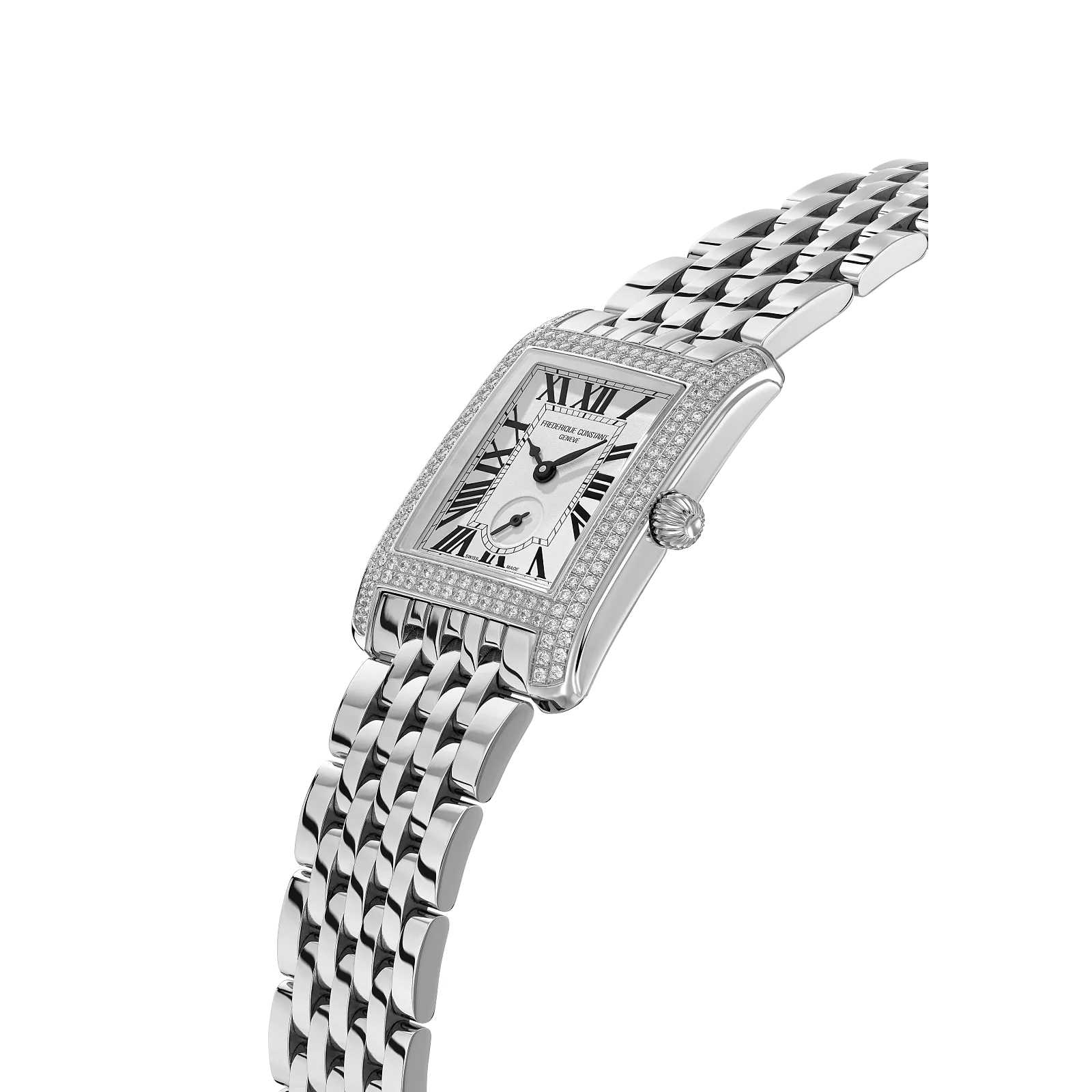 Side profile highlighting the diamond bezel, slim rectangular case, and flexible link strap.