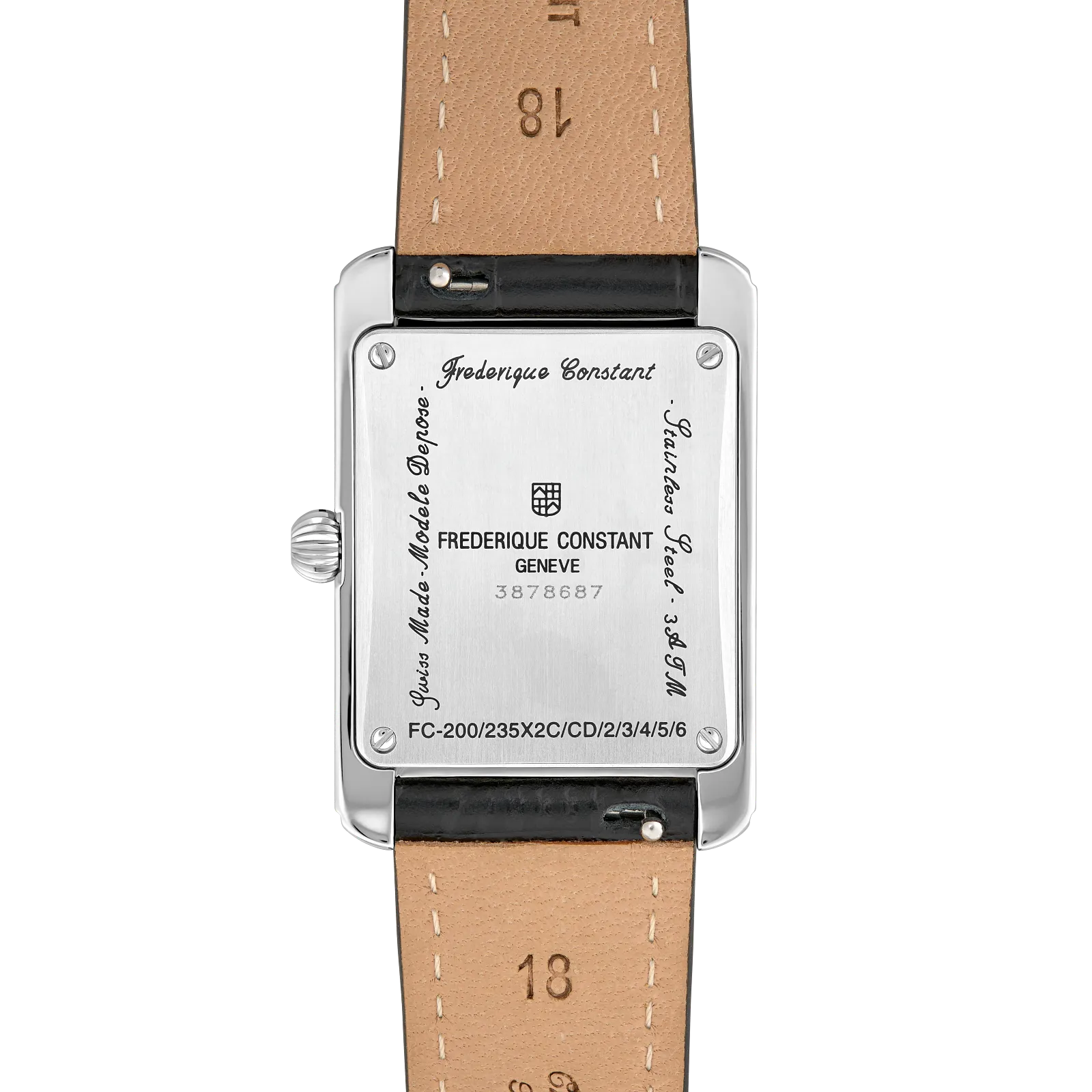 Detailed view of the stainless steel caseback and the underside of the black leather watch strap.
