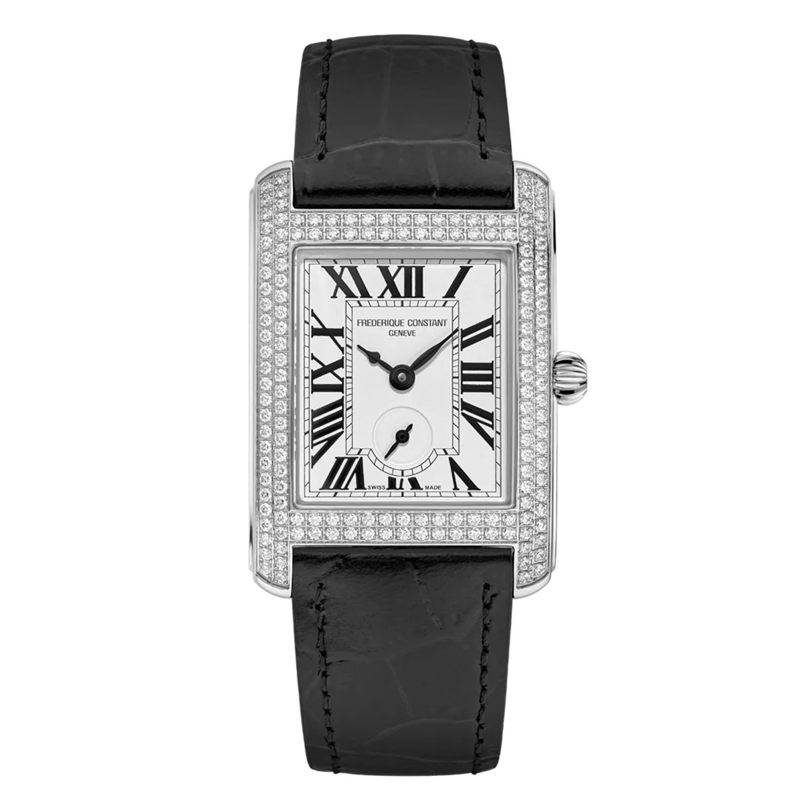 Rectangular silver watch featuring a diamond-encrusted bezel, white Roman numeral dial, and black leather strap.