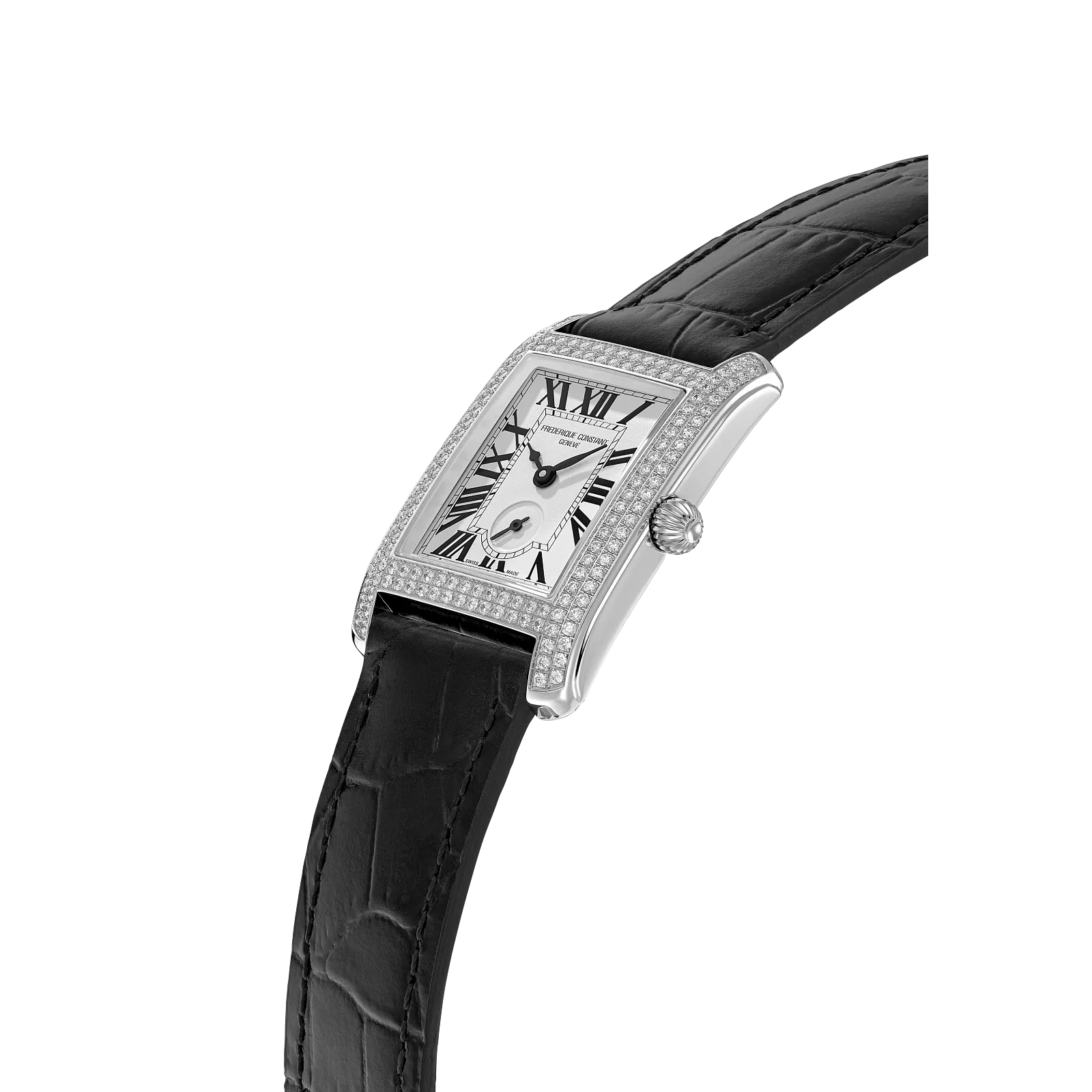 Side profile showcasing the diamond-set bezel, slim silver case, and black crocodile-embossed leather strap.
