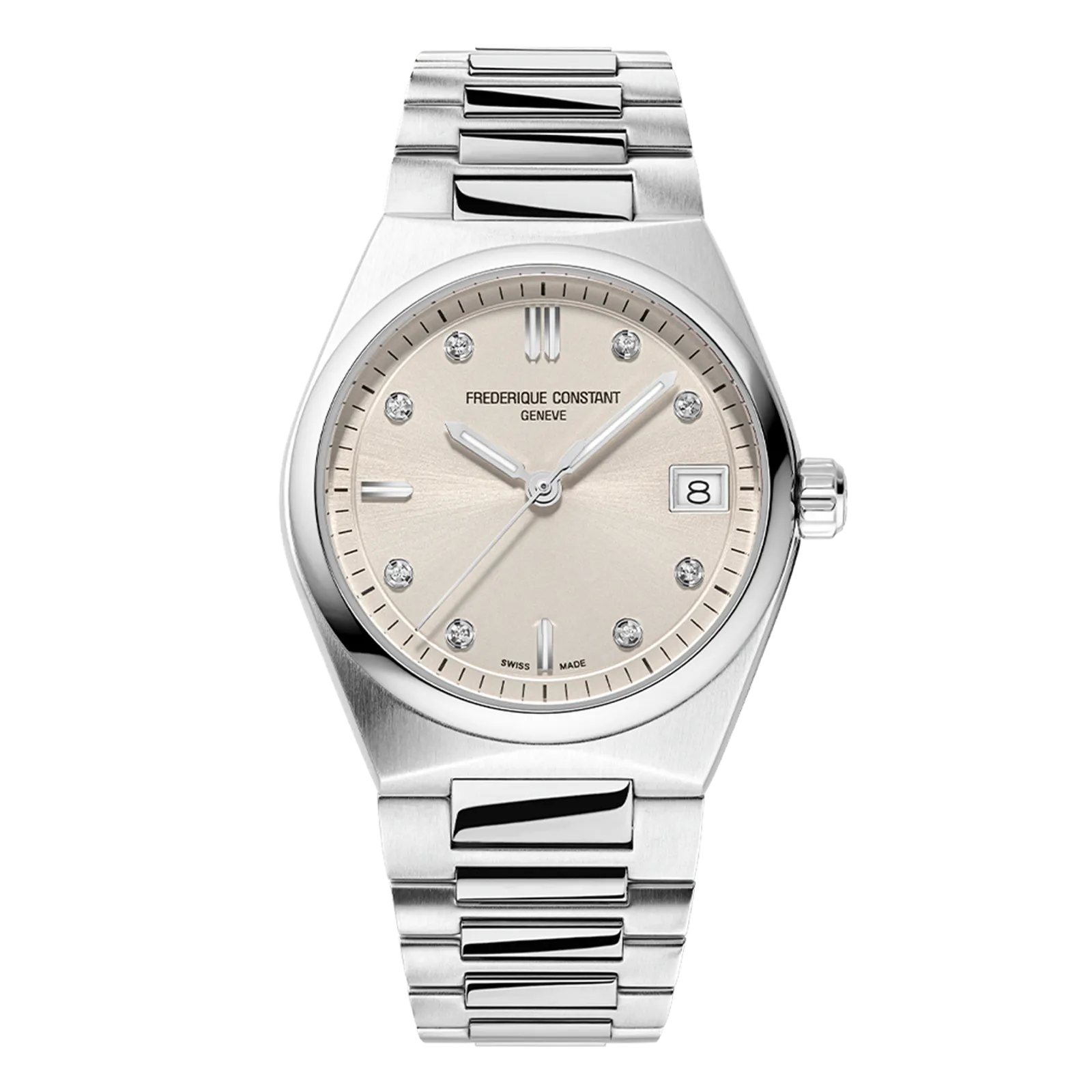 Stainless steel watch with a champagne sunray dial, diamond markers, and an integrated link bracelet.