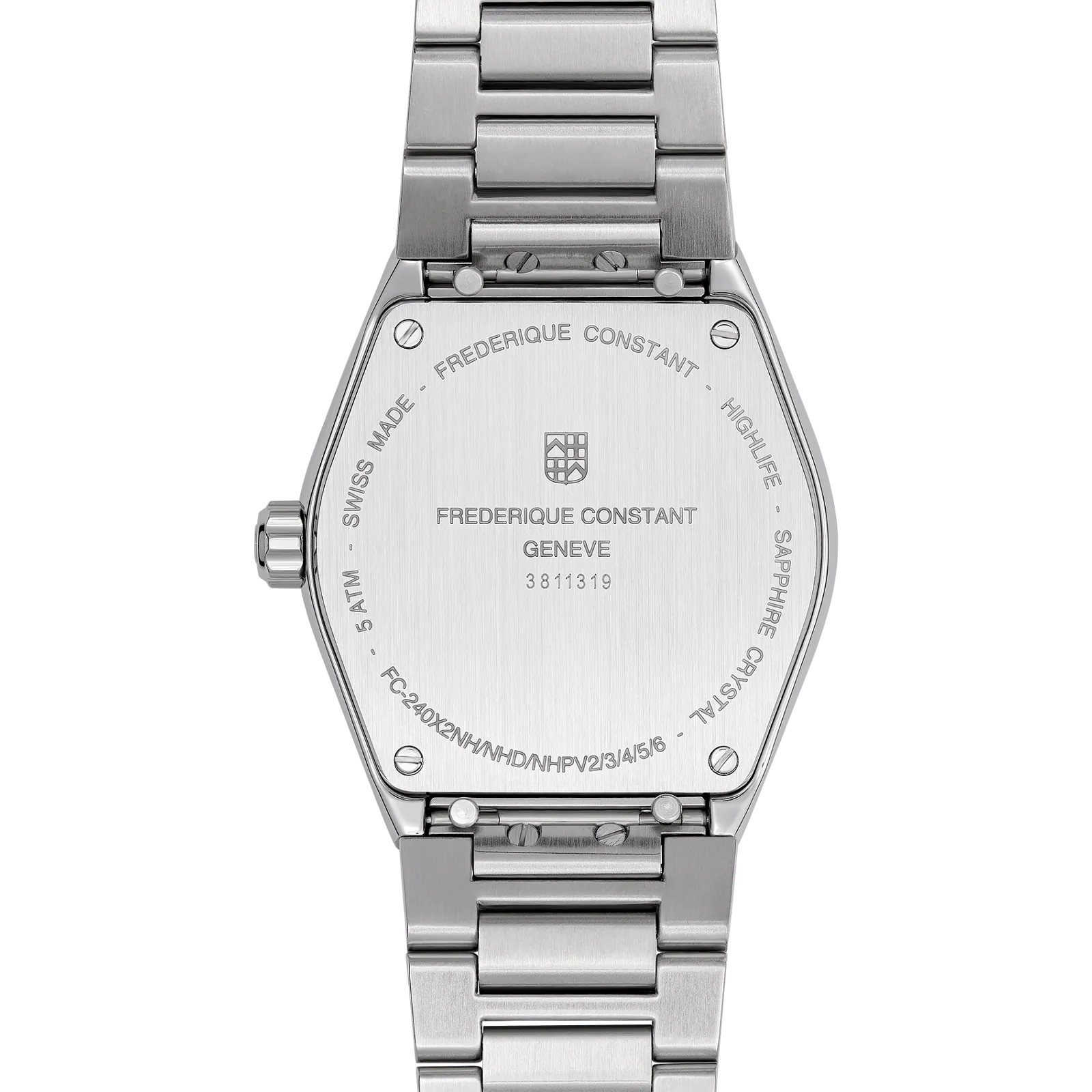 Brushed stainless steel caseback featuring the brand logo and a seamless integrated metal bracelet.