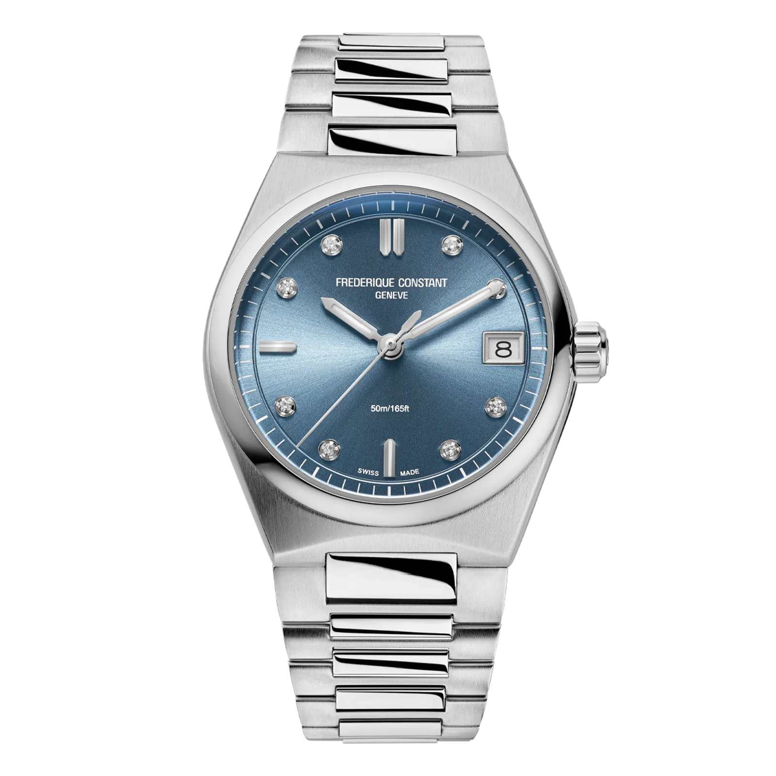 Stainless steel watch with a light blue sunray dial, diamond hour markers, and an integrated link bracelet.