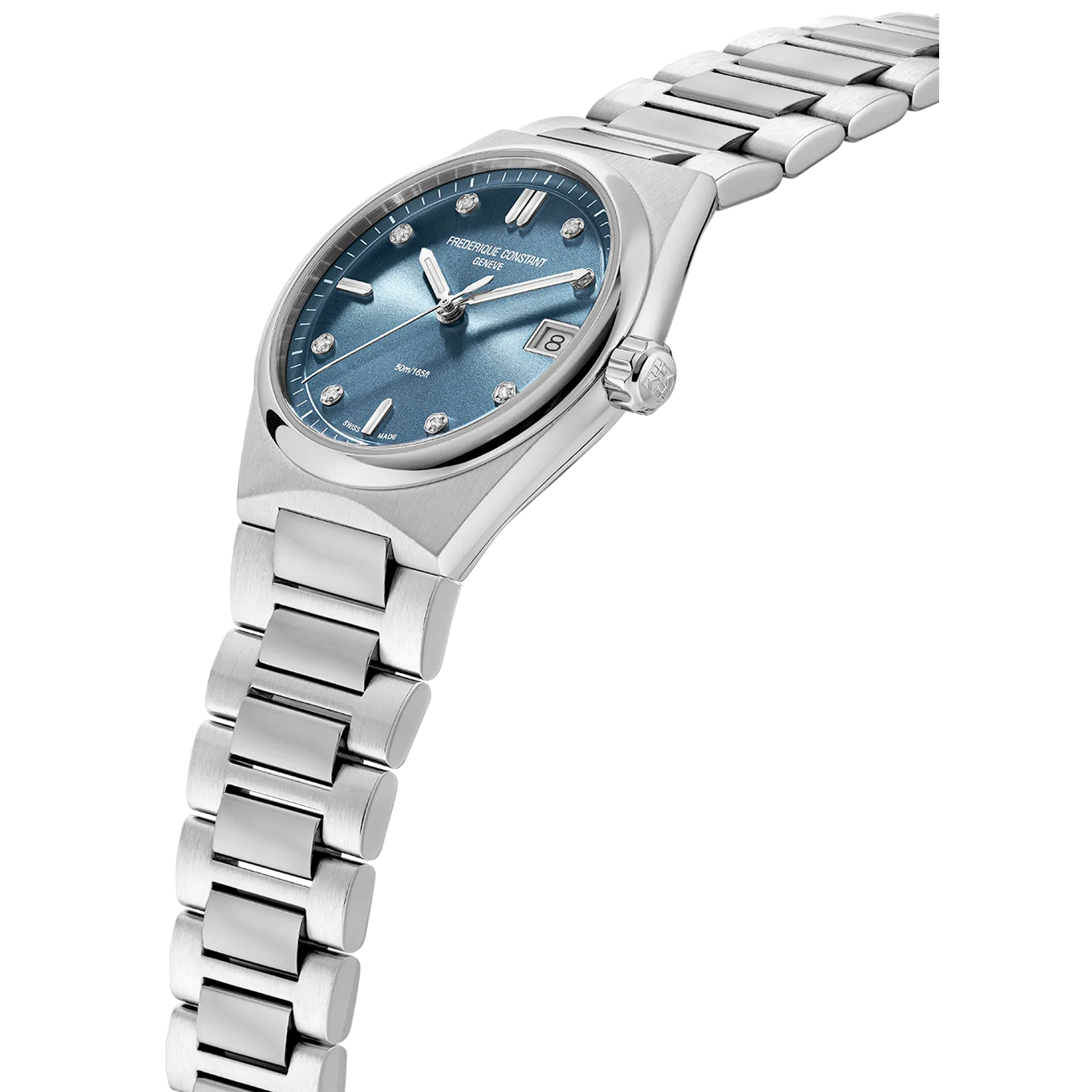 Side profile showcasing the light blue dial, polished silver bezel, and the tapered integrated link strap.