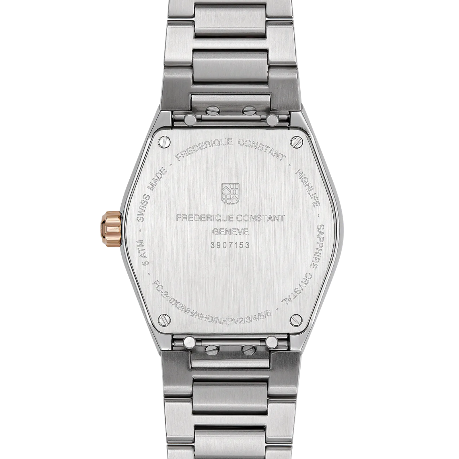 Close-up of the polished stainless steel caseback and tan lining of the navy blue leather strap.
