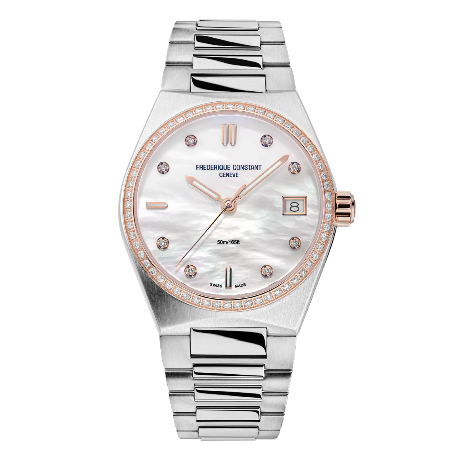 Round silver watch with a light blue sunray dial, navy blue leather strap, and bold 12 o'clock numeral.
