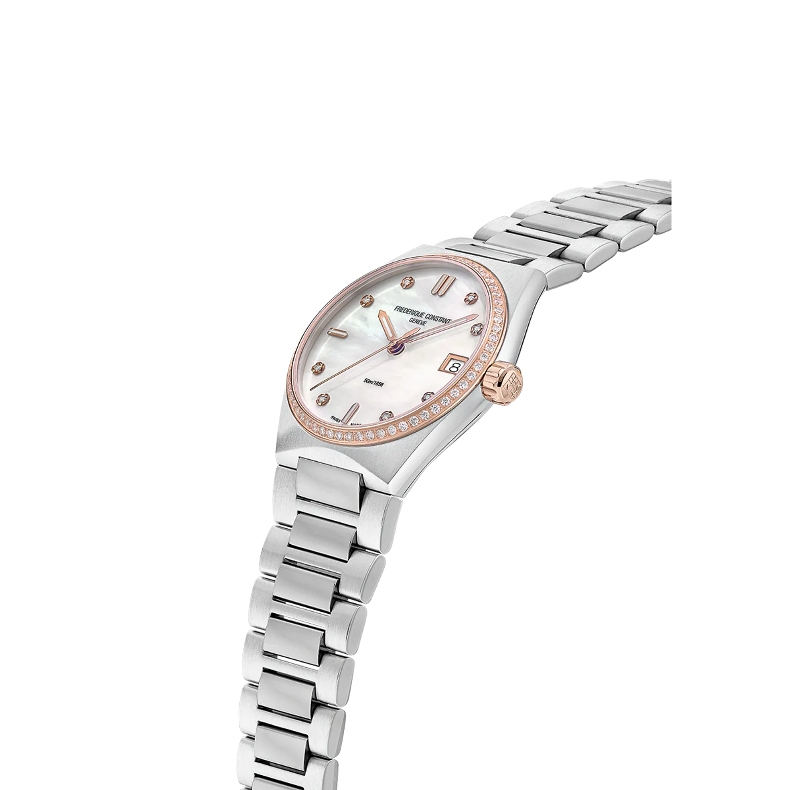 Side profile highlighting the light blue dial, polished silver case, and navy leather strap with white stitching.