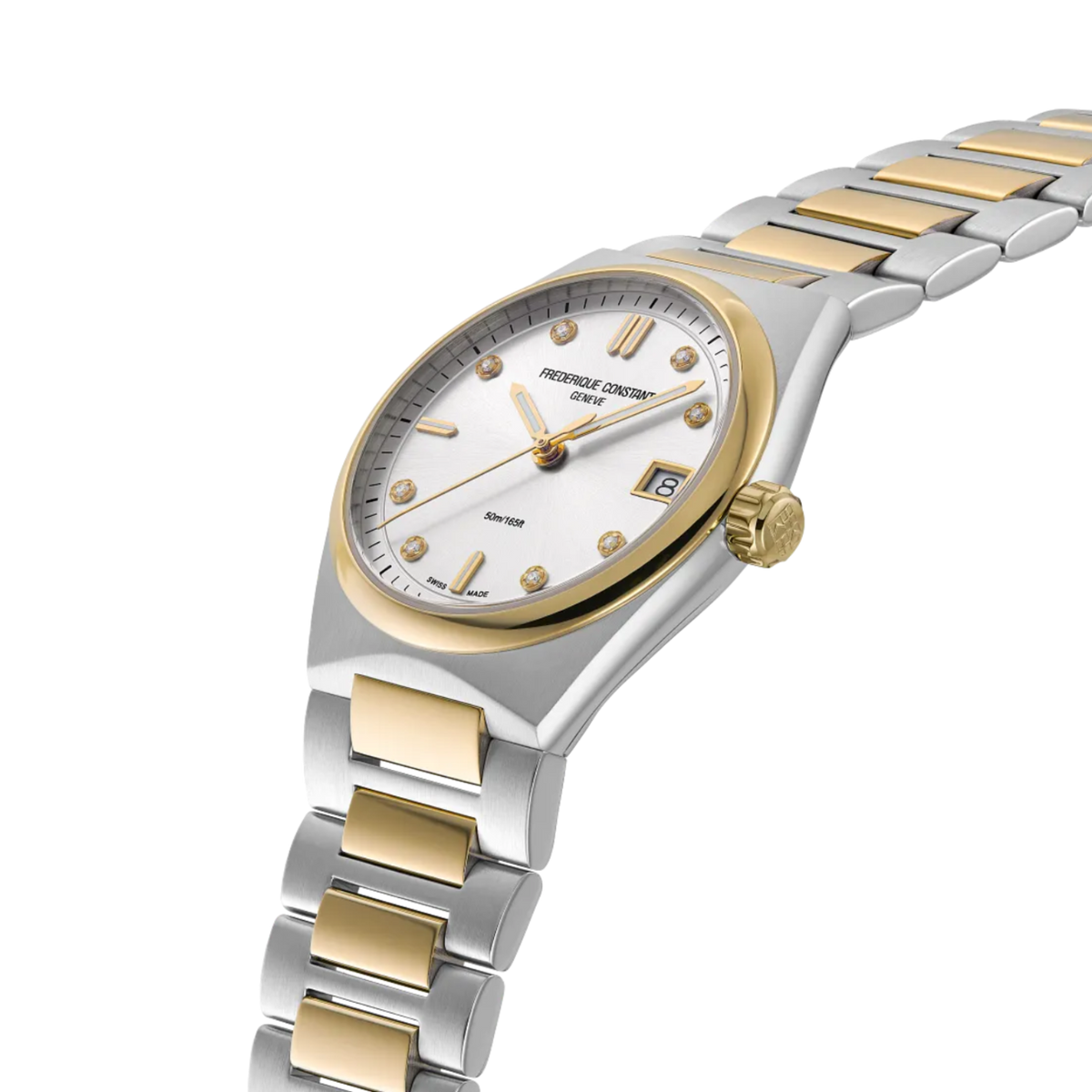 Profile shot showcasing the gold bezel, crown, and the seamless taper of the two-tone bracelet. Frederique Constant Highlife Ladies Quartz White Two-Tone 31 mm FC-240VD2NH3B side view