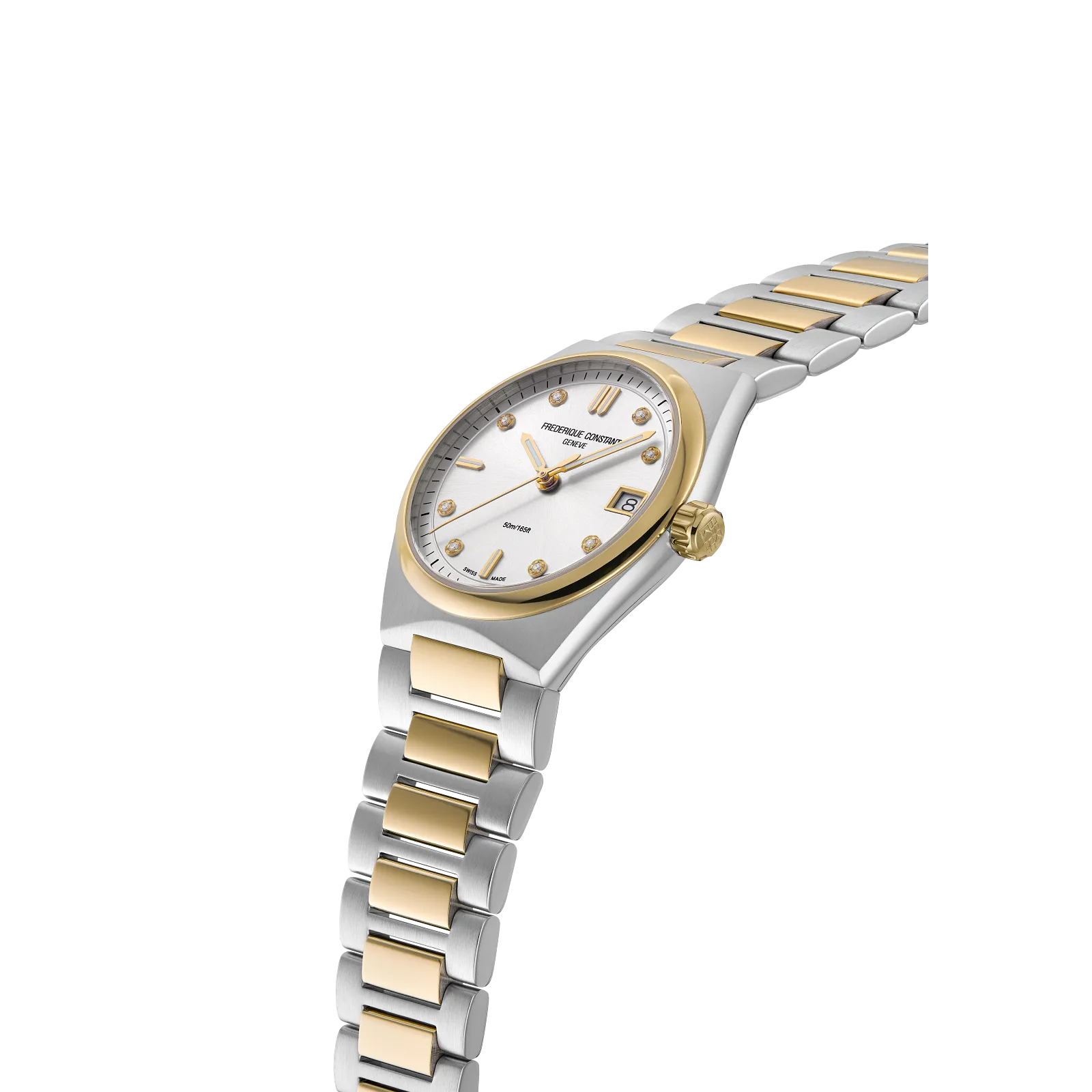 Profile shot showcasing the gold bezel, crown, and the seamless taper of the two-tone bracelet.