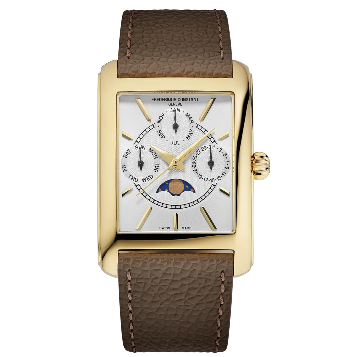 Rectangular yellow gold watch featuring a white multi-dial face with a moonphase complication and a textured brown leather strap. Frederique Constant Classics Classics Moonphase White & Gold-Tone 30 mm FC-265S4C5 front view
