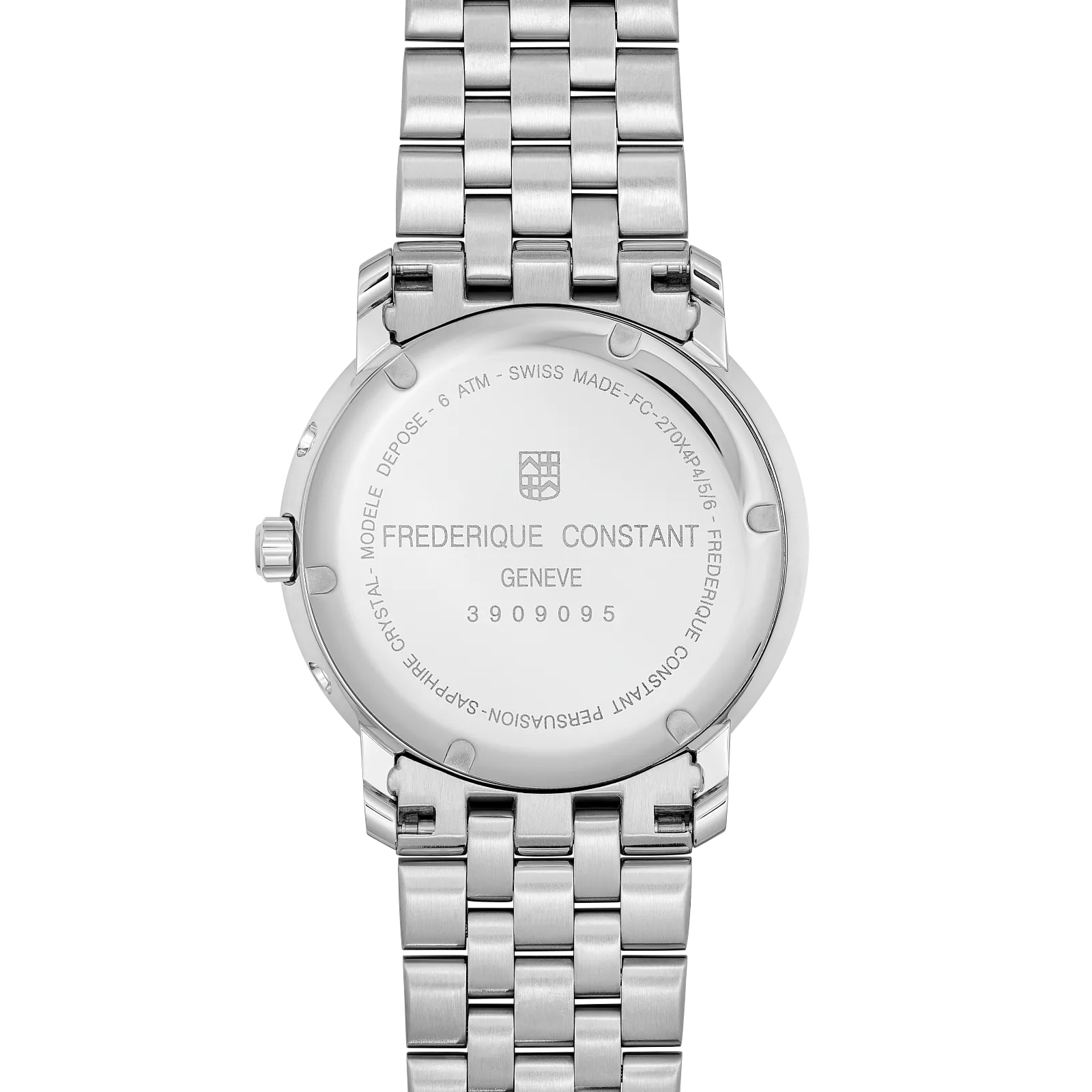 Polished silver caseback with metal link strap.