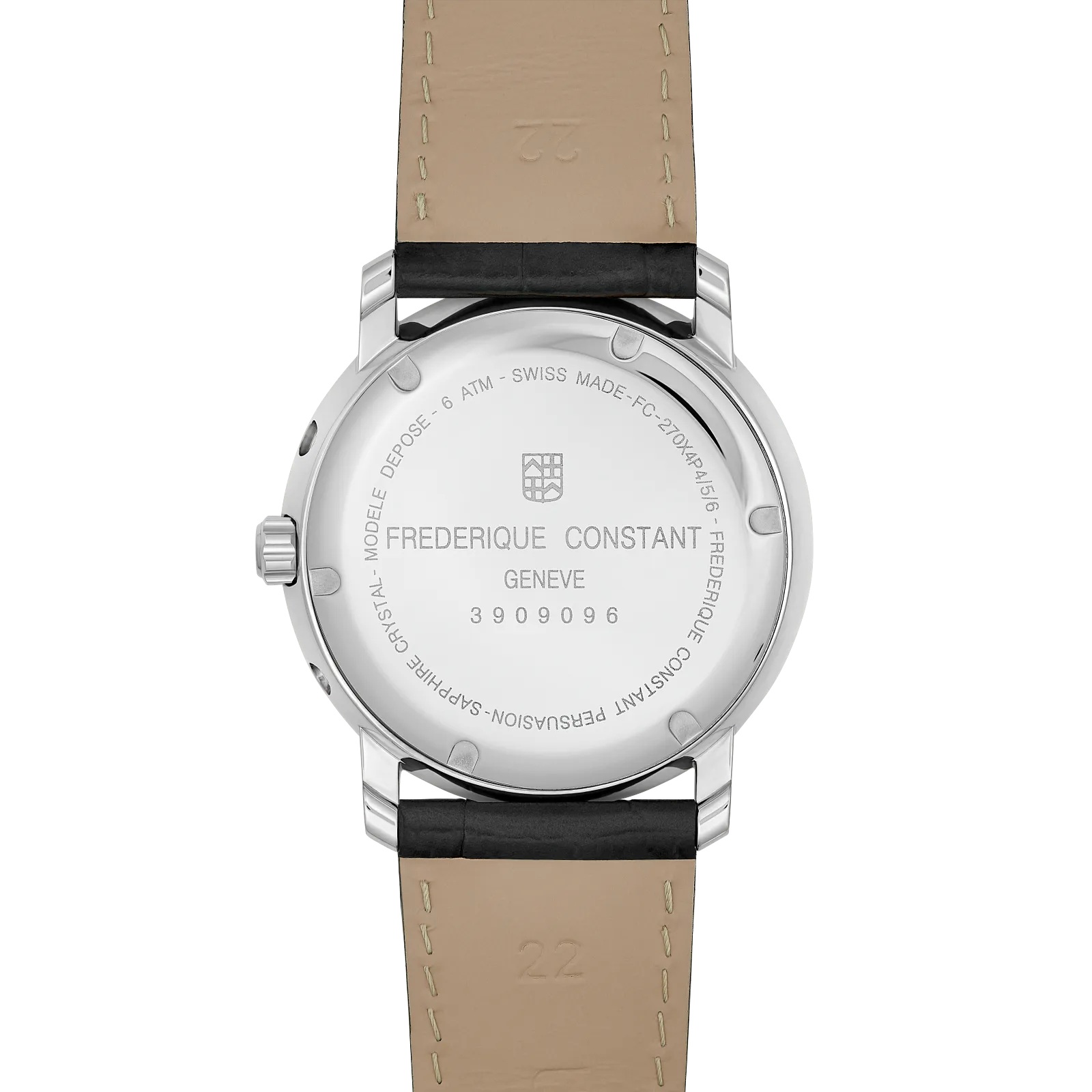 Polished silver caseback with metal link strap.