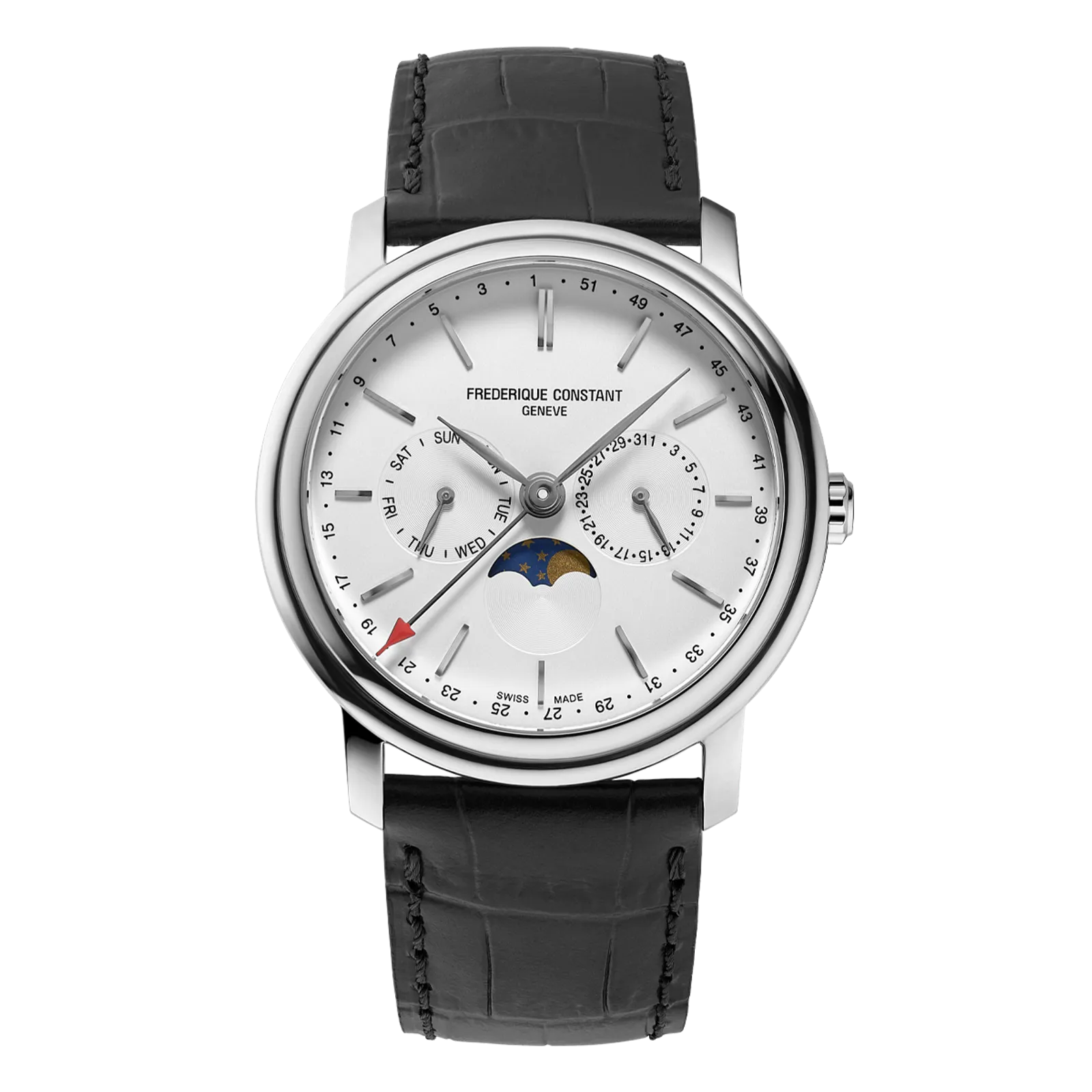 Silver watch with white pearl dial and link bracelet.