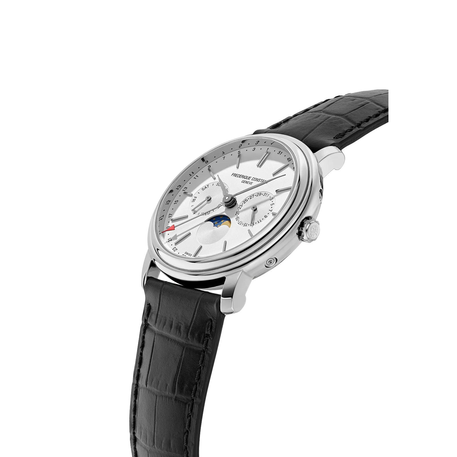 Profile of silver case and flexible link bracelet.