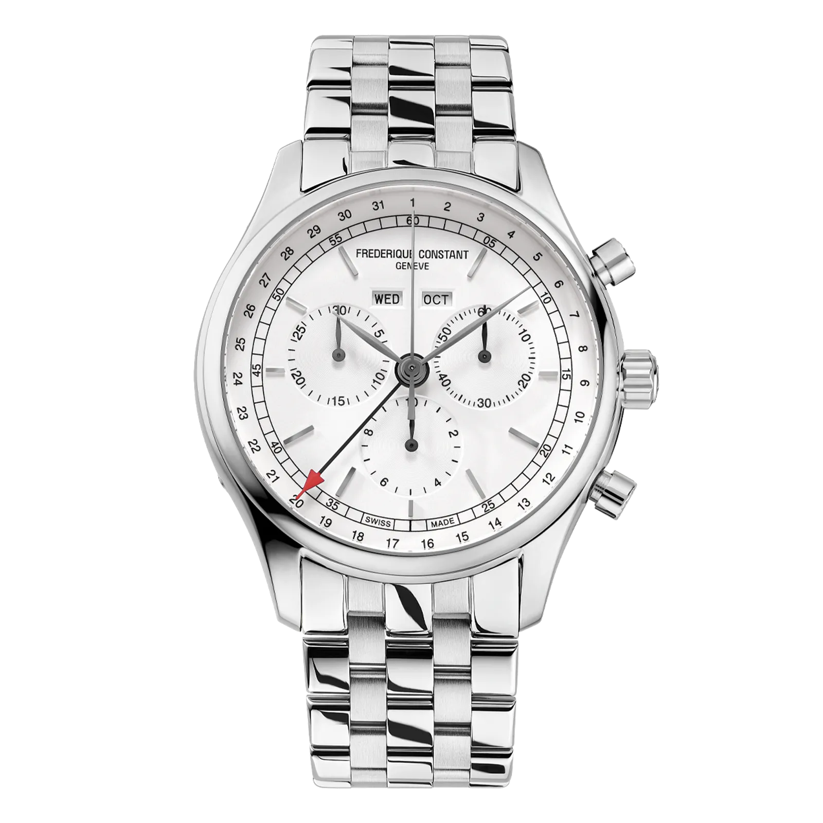 Silver chronograph watch with white dial and jubilee bracelet.