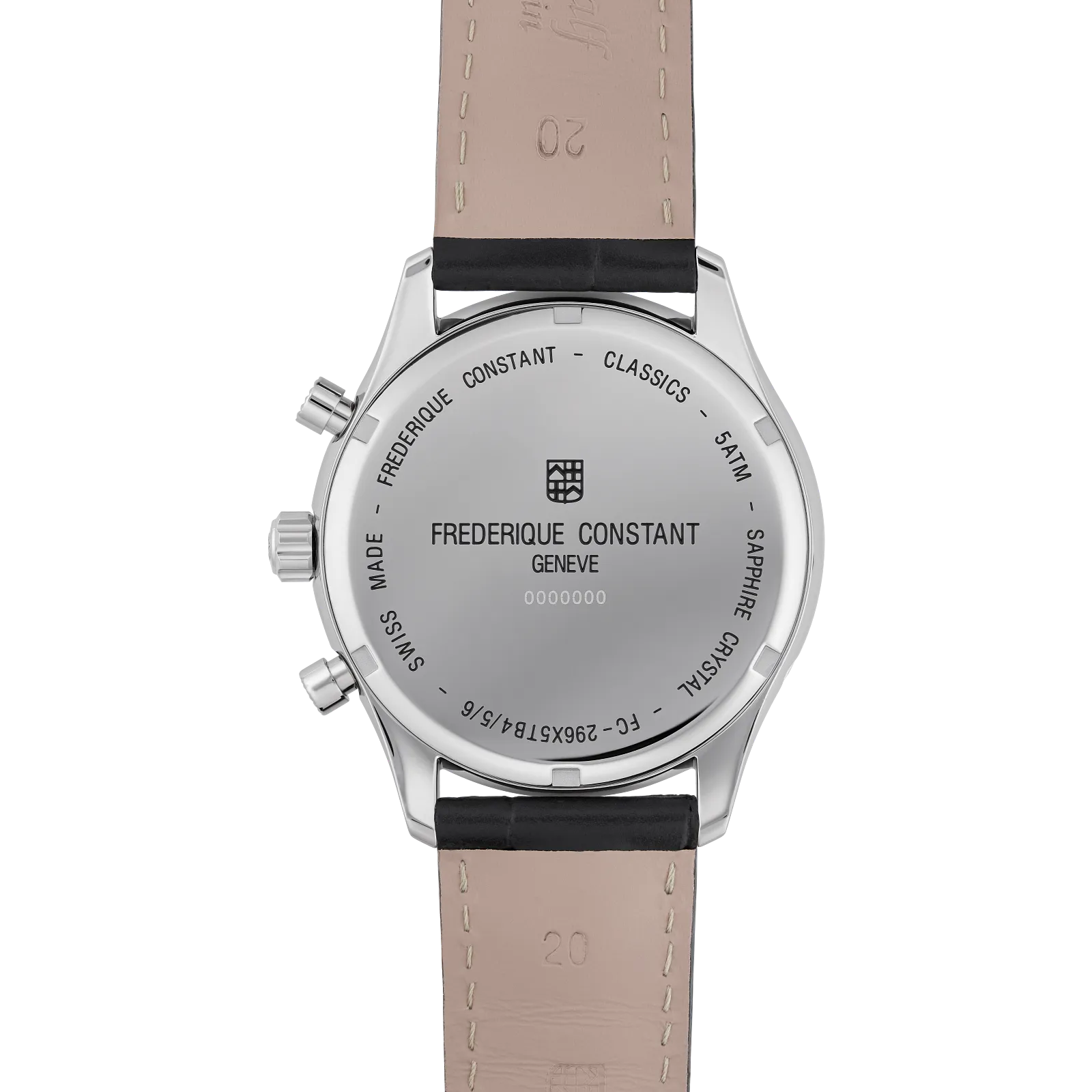 Polished silver caseback and metal link strap.