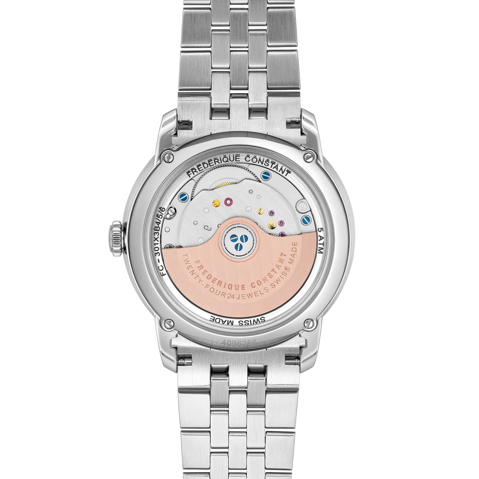 Integrated square silver caseback with wide metal strap.