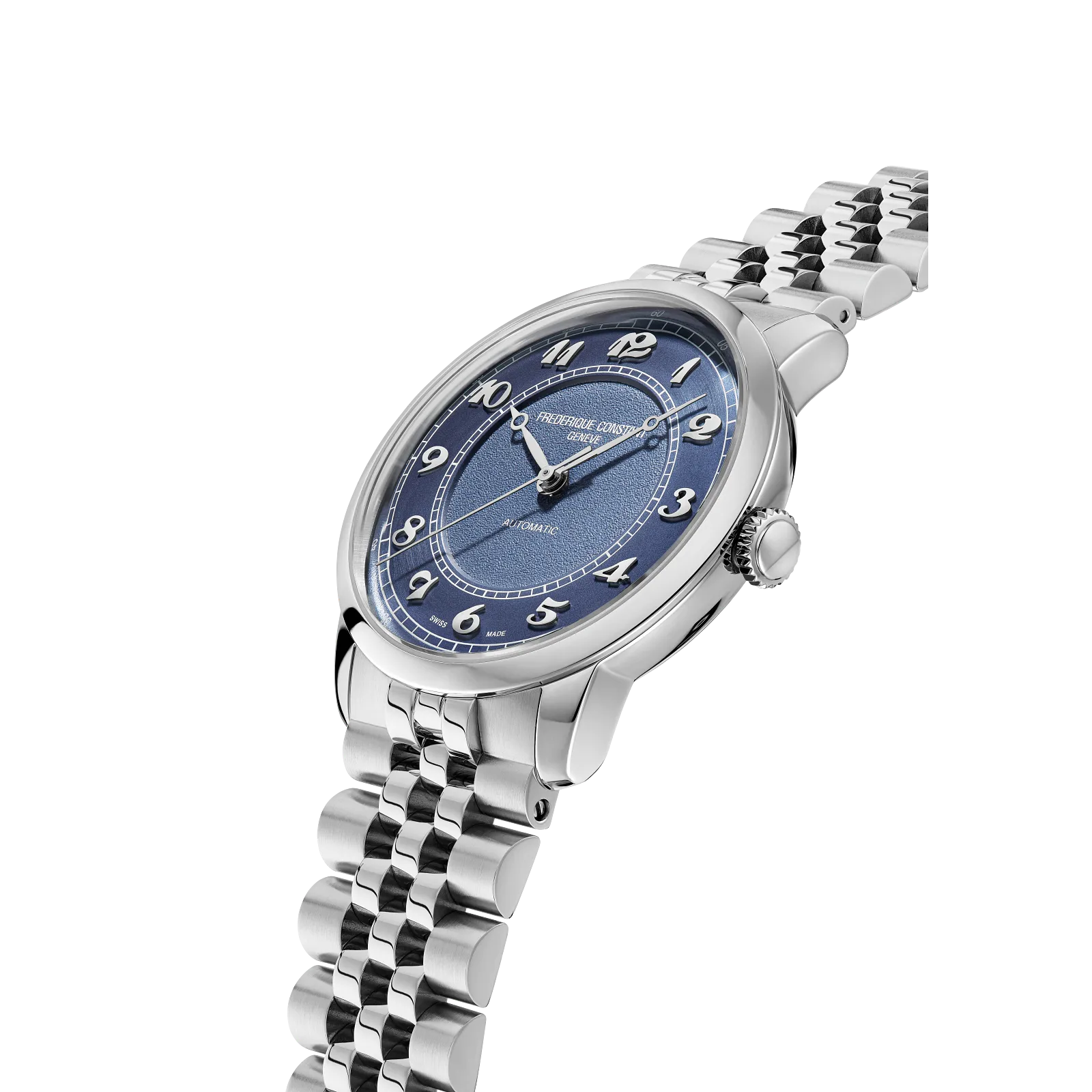 Profile of slim square case and jewelry-style wide silver bracelet.