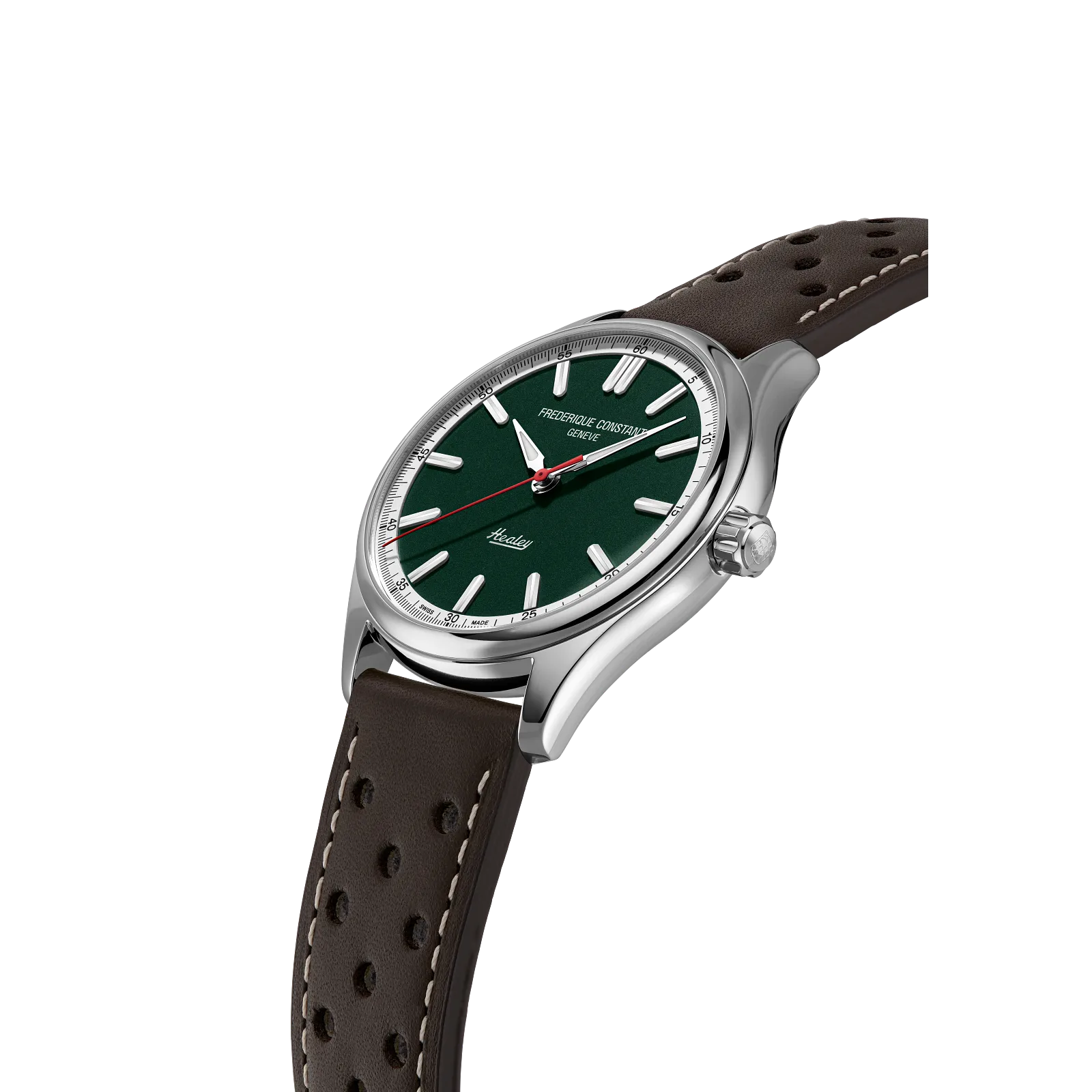 Profile of slim square case and jewelry-style silver bracelet.