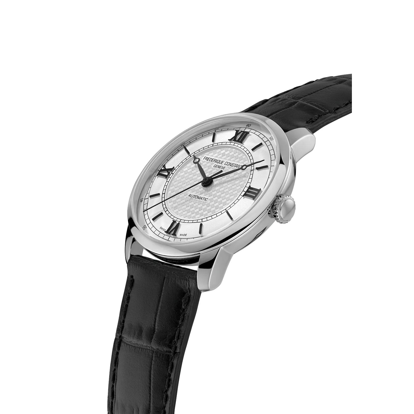 Profile of slim square case and jewelry-style silver bracelet.